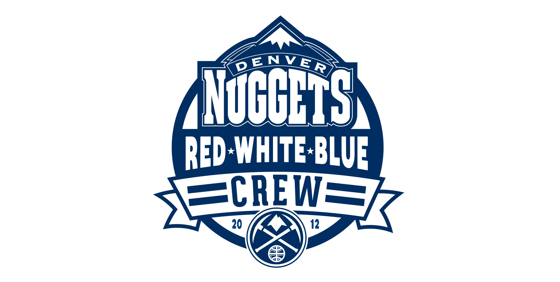 Denver Nuggets Red White Blue Crew 2012 logo: a navy badge with a mountain peak, a ribbon banner and crossed pickaxes