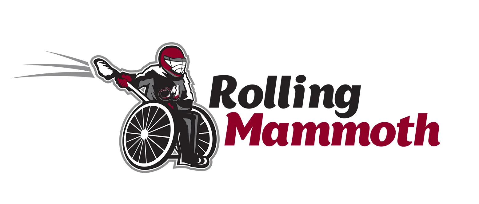 Rolling Mammoth logo: a helmeted wheelchair lacrosse player in motion beside the "Rolling Mammoth" wordmark in black and maroon