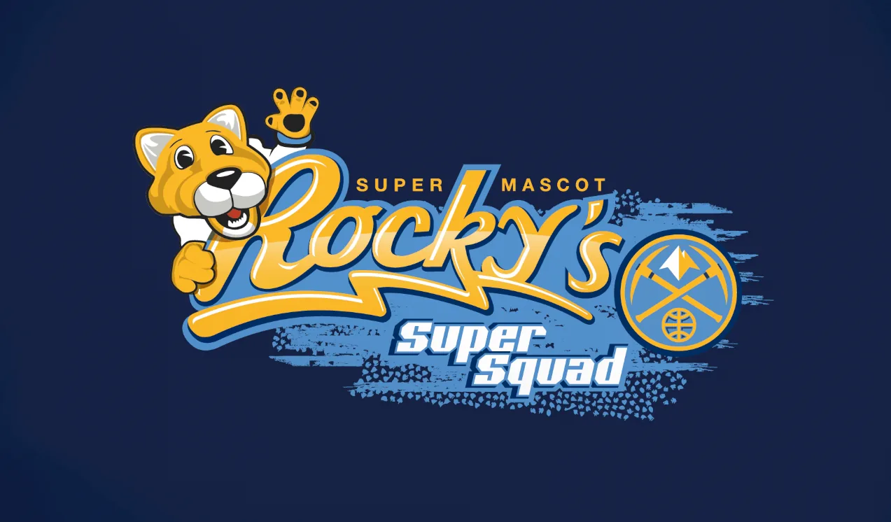 Rocky's Super Squad logo: the waving Denver Nuggets mountain lion mascot beside gold "Rocky's" script, "Super Mascot" and a Nuggets badge, on navy