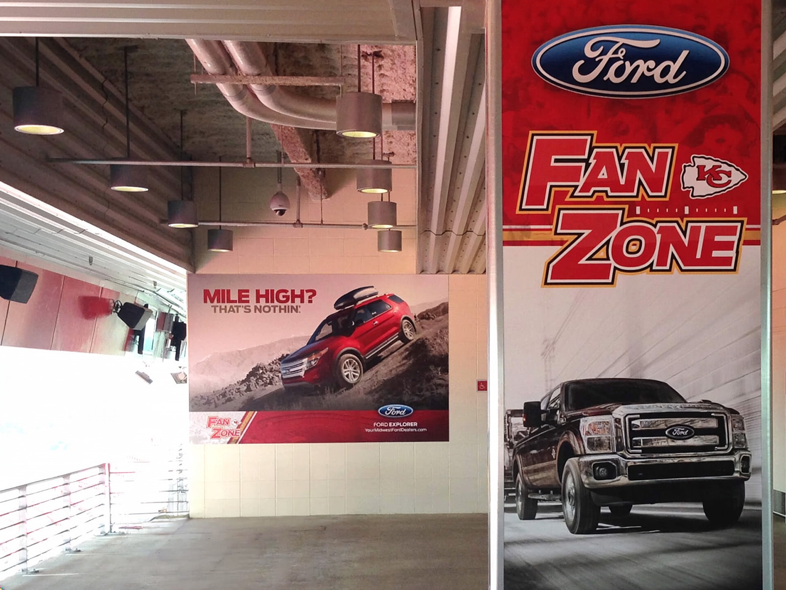 Ford Fan Zone interior at Arrowhead Stadium with Ford and Chiefs branded graphics