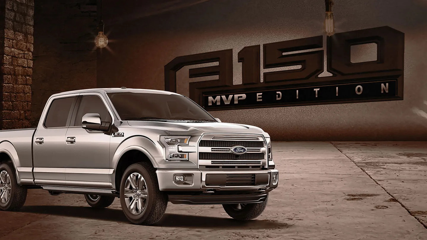 Storyboard frame: silver F-150 in a brick warehouse under the MVP Edition badge