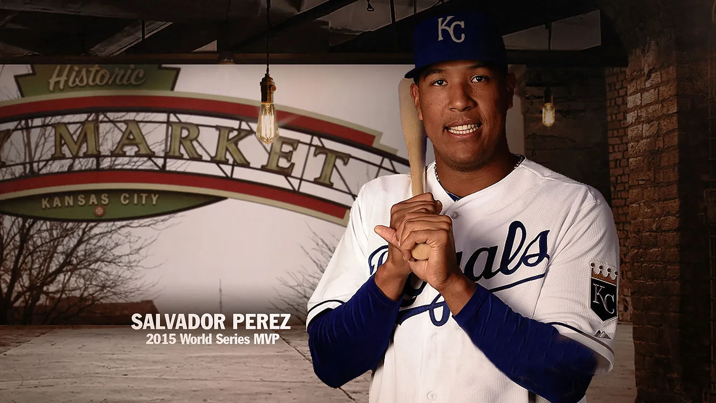 Storyboard frame: Salvador Perez, 2015 World Series MVP, in front of the Historic City Market sign