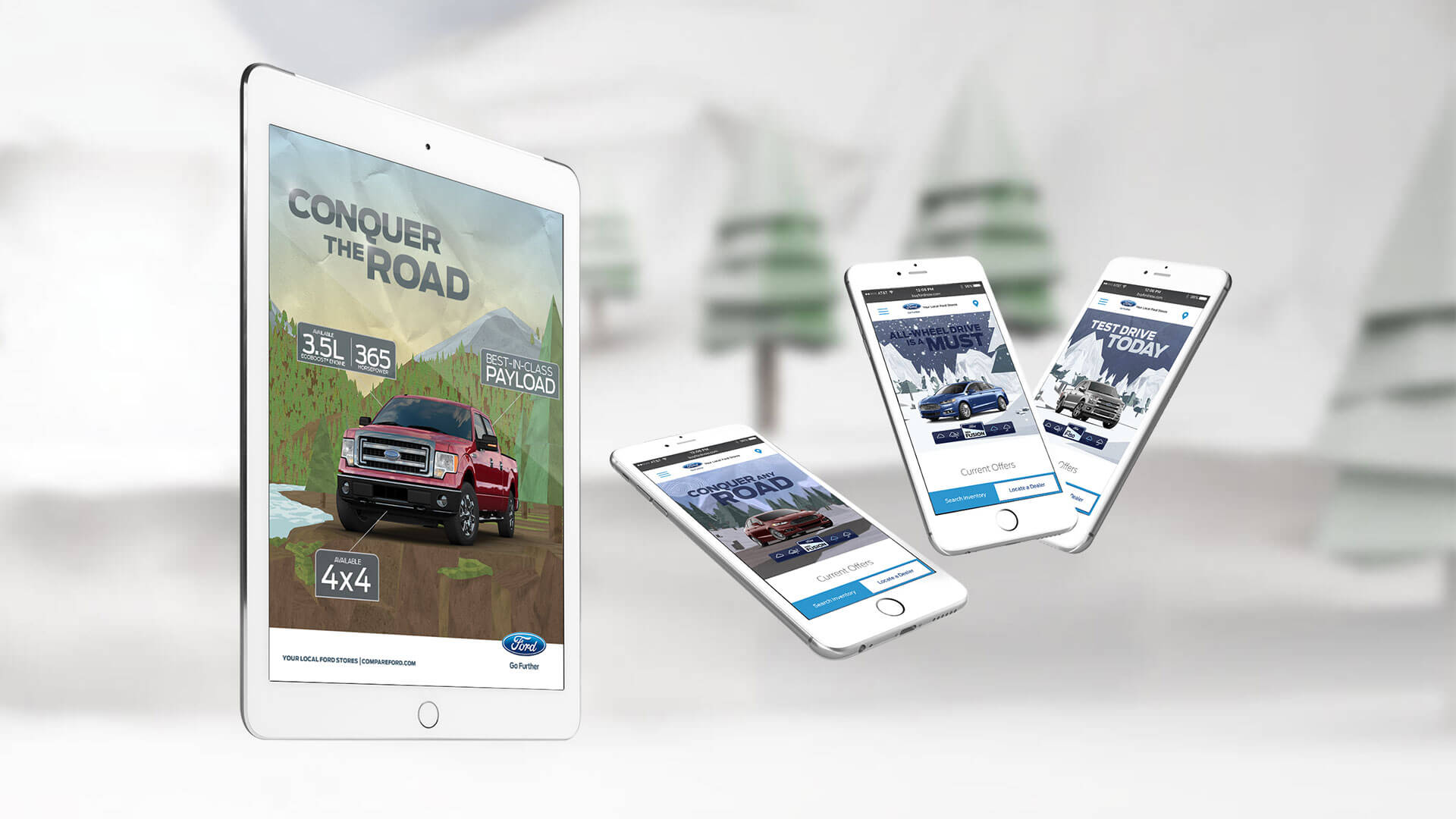 Ford Touchscreen campaign on tablet and mobile: Conquer the Road, All-Wheel Drive Is a Must, Test Drive Today