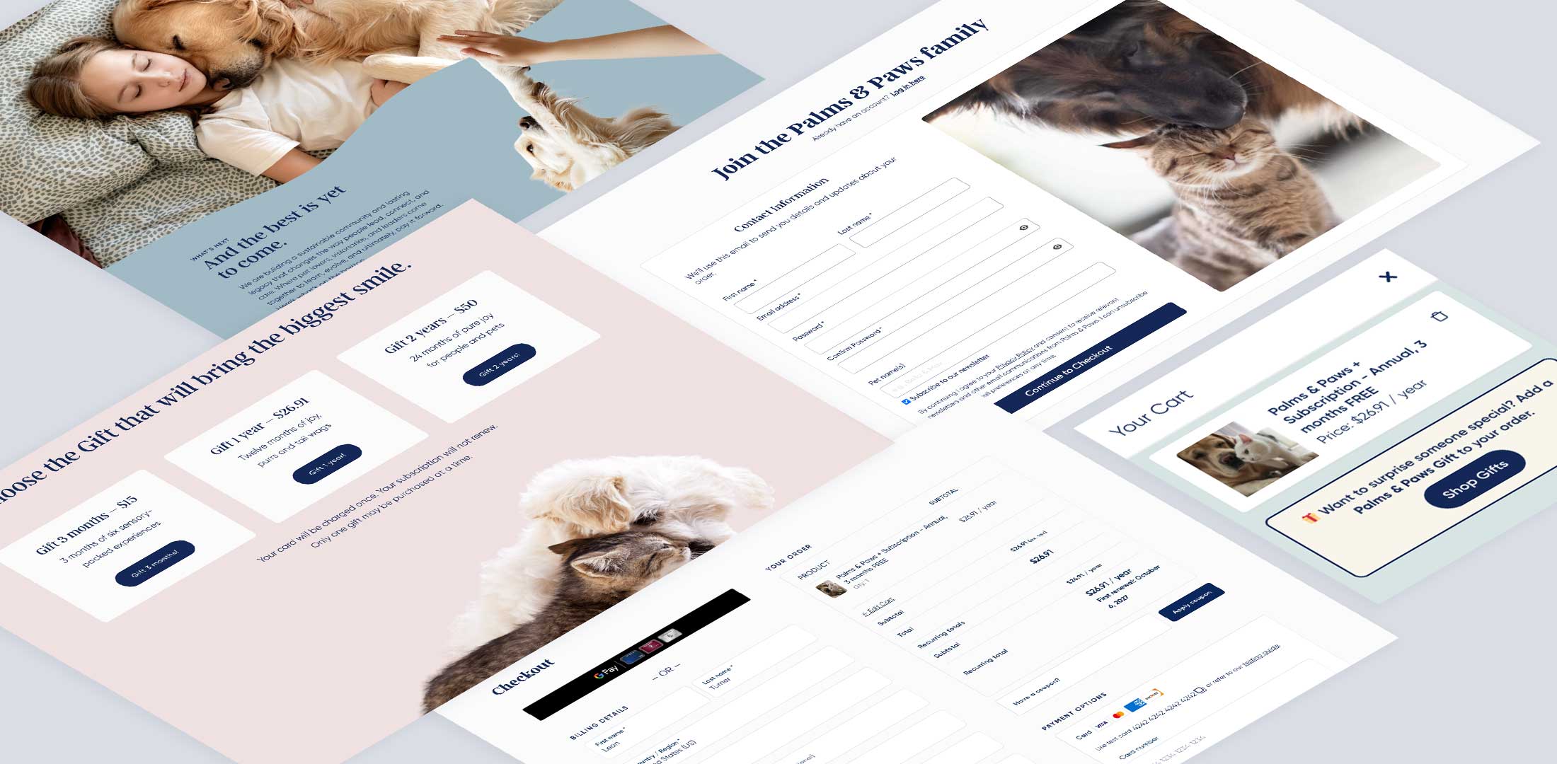 Isometric view of Palms & Paws website screens: gift subscriptions, sign-up, cart and checkout
