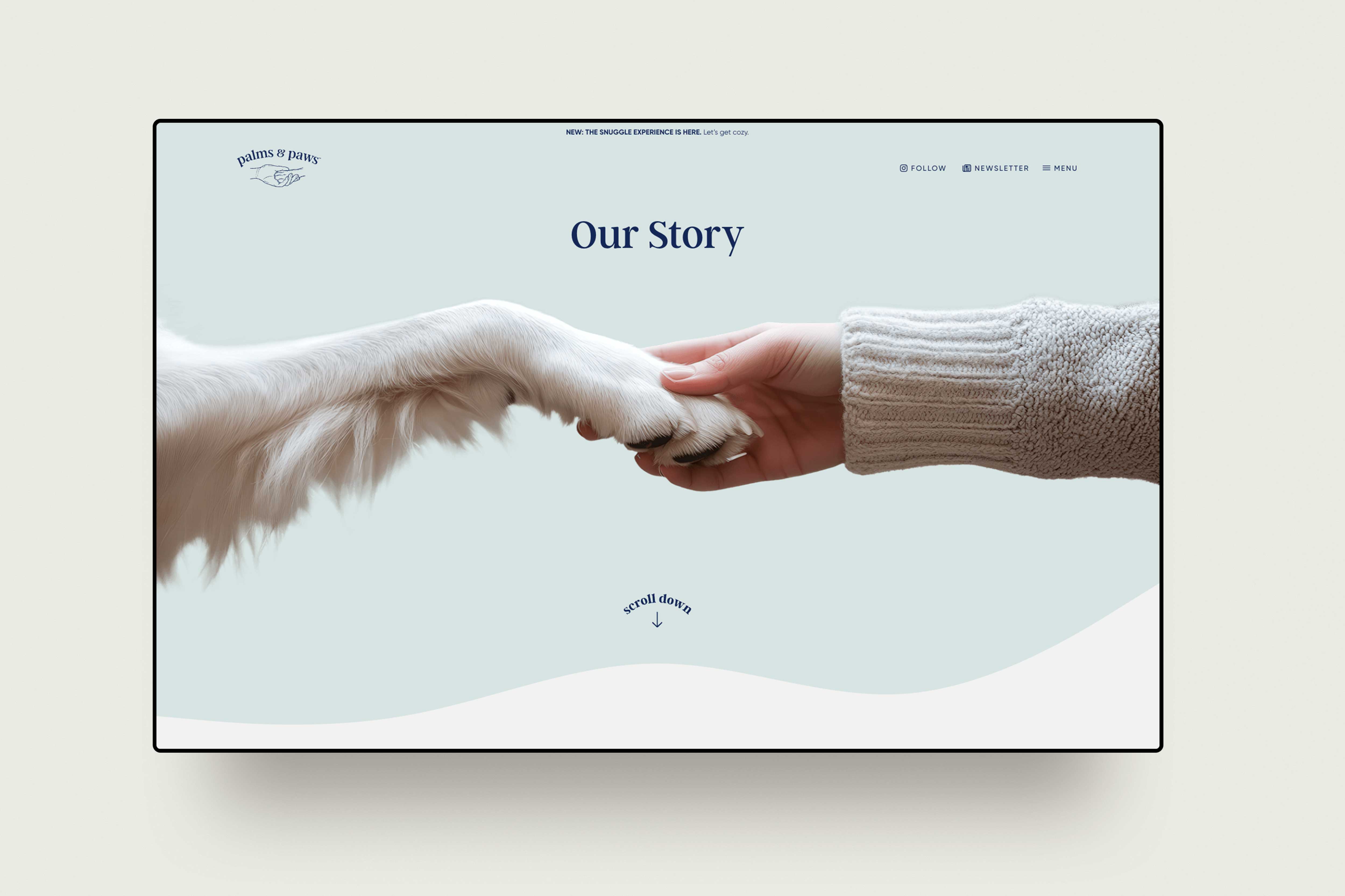 Palms & Paws Our Story page on desktop, a dog paw resting in a hand