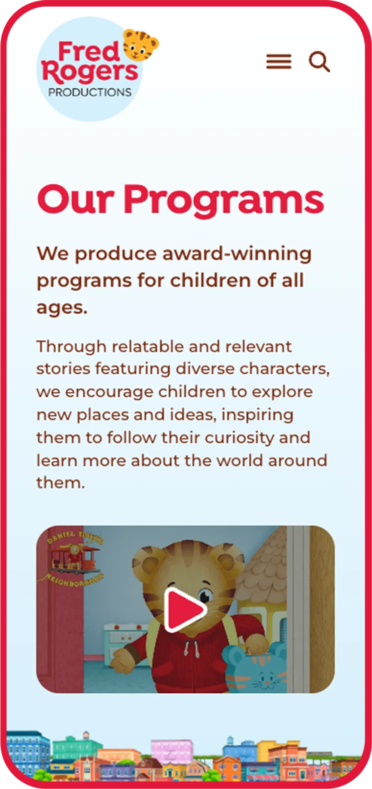 Fred Rogers Productions Our Programs page on a phone