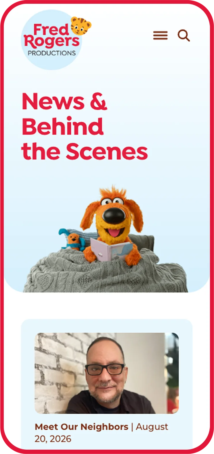 Fred Rogers Productions News and Behind the Scenes page on a phone
