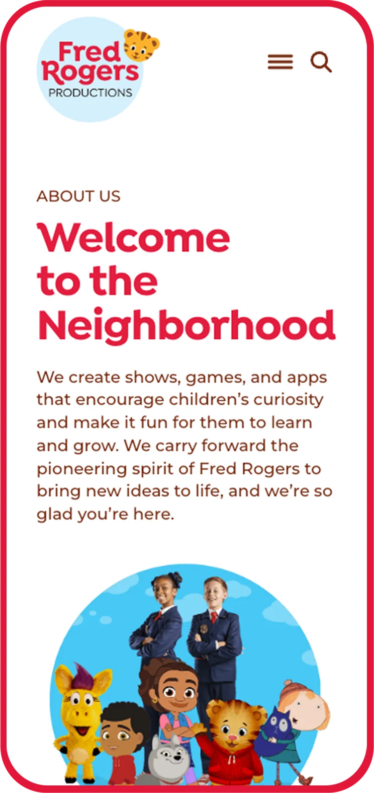 Fred Rogers Productions About Us page on a phone