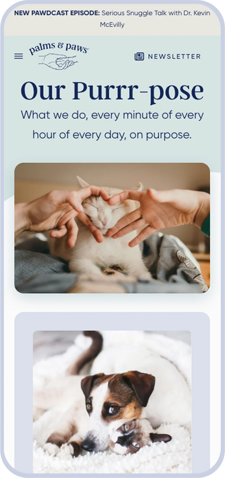 Palms & Paws Our Purrr-pose page on a phone