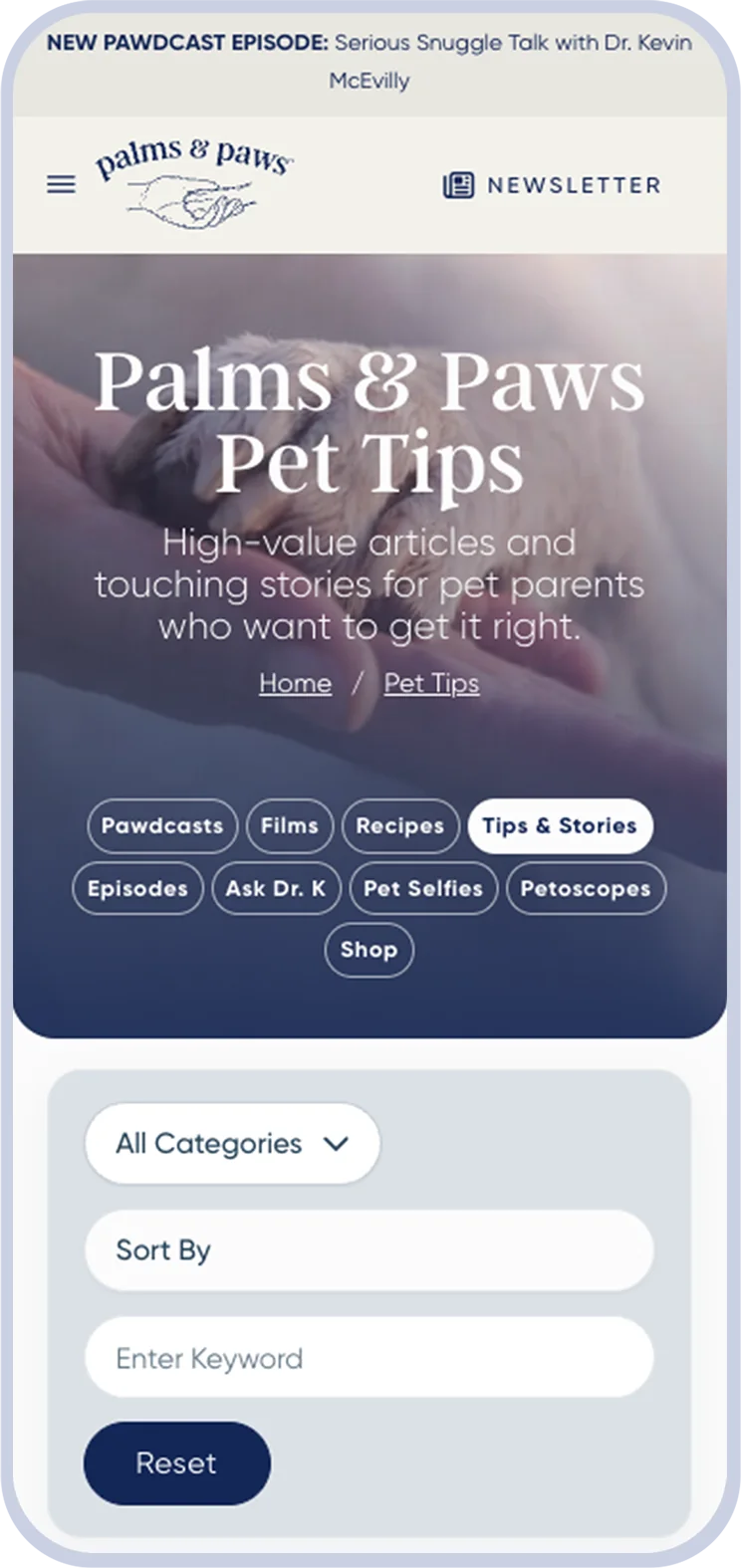 Palms & Paws Pet Tips page on a phone