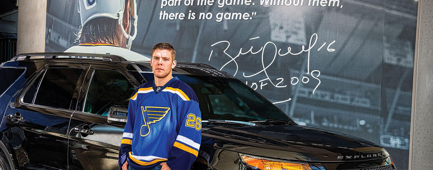 St. Louis Blues players with Ford, editorial shoot