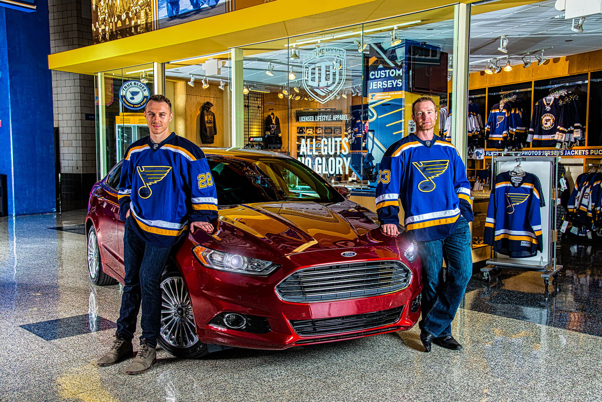 St. Louis Blues players Ian Cole and Jordan Leopold with Ford, editorial shoot