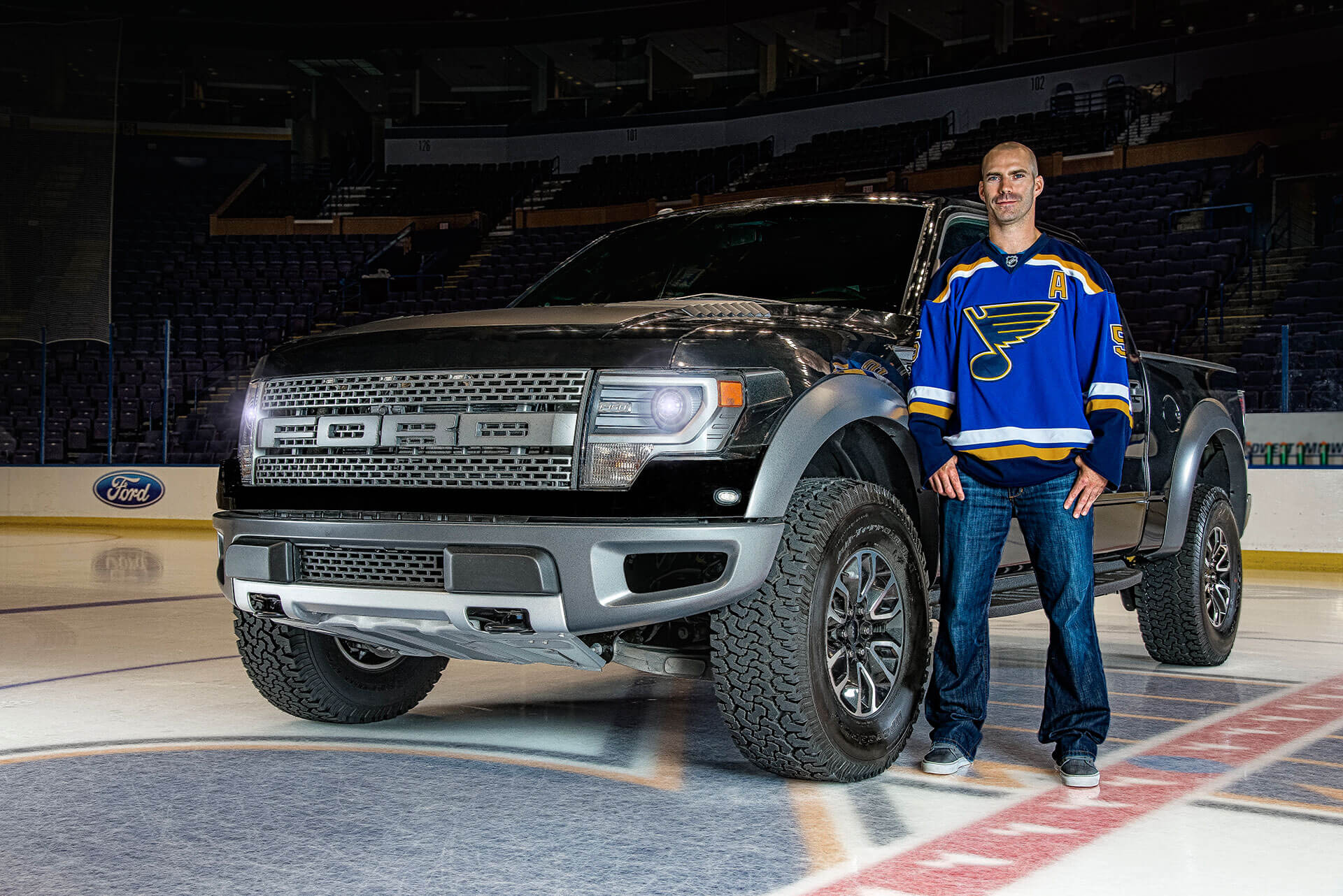 St. Louis Blues player Barret Jackman with Ford, editorial shoot