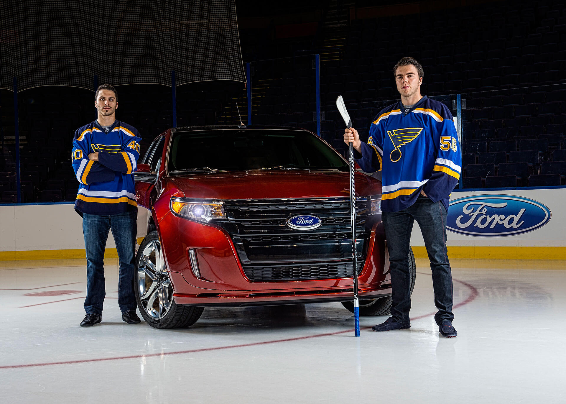 St. Louis Blues players Maxim Lapierre and Magnus Paajarvi with Ford, editorial shoot