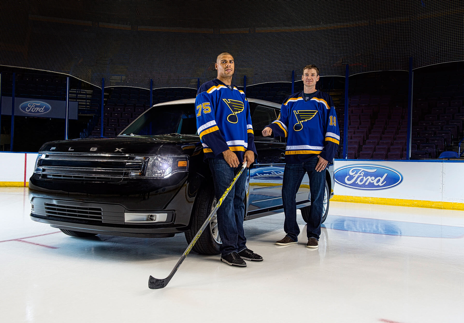 St. Louis Blues players Ryan Reaves and Jay Bouwmeester with Ford, editorial shoot