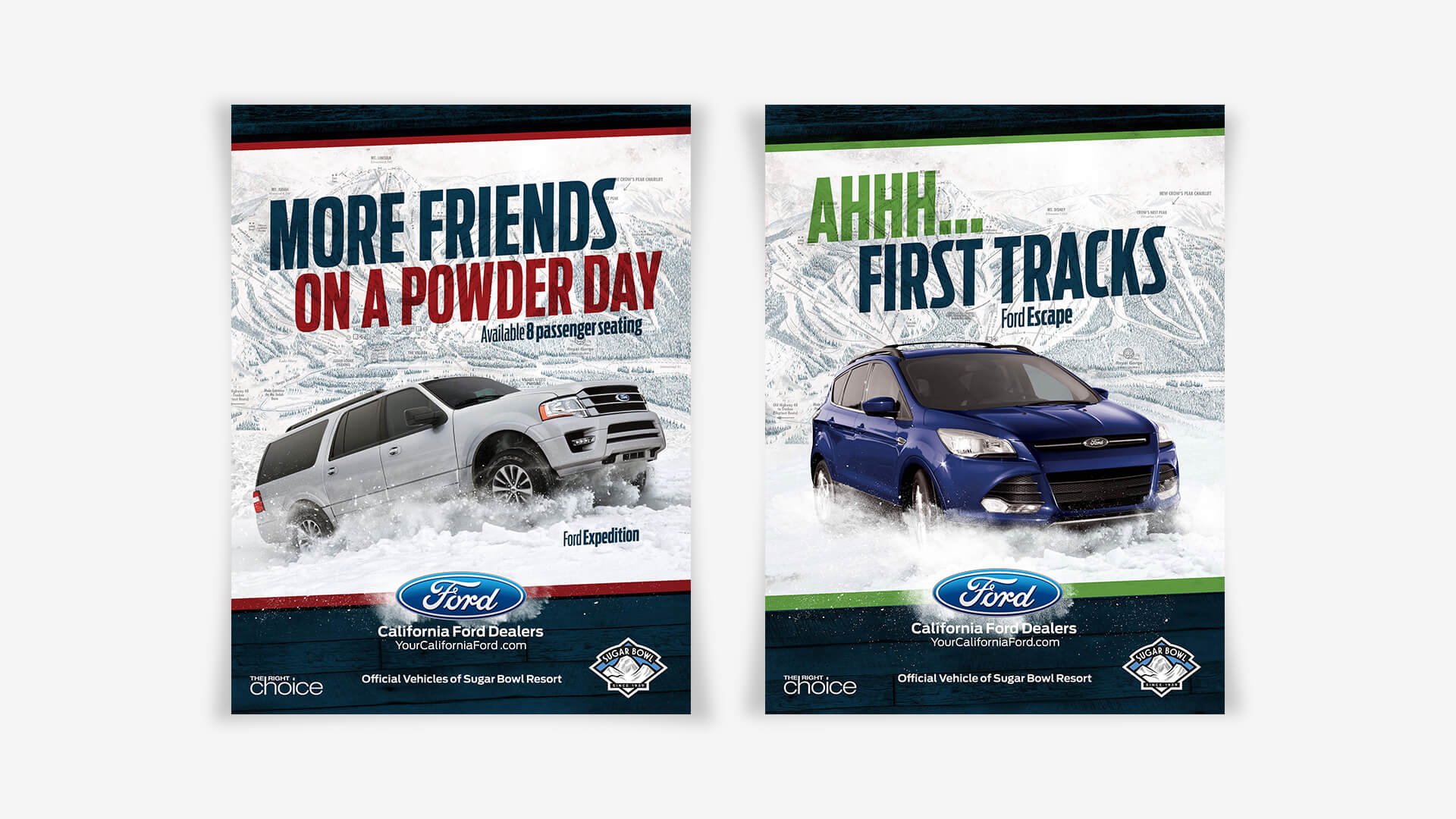 Ford Sugar Bowl posters: More Friends on a Powder Day (Expedition) and Ahhh... First Tracks (Escape)