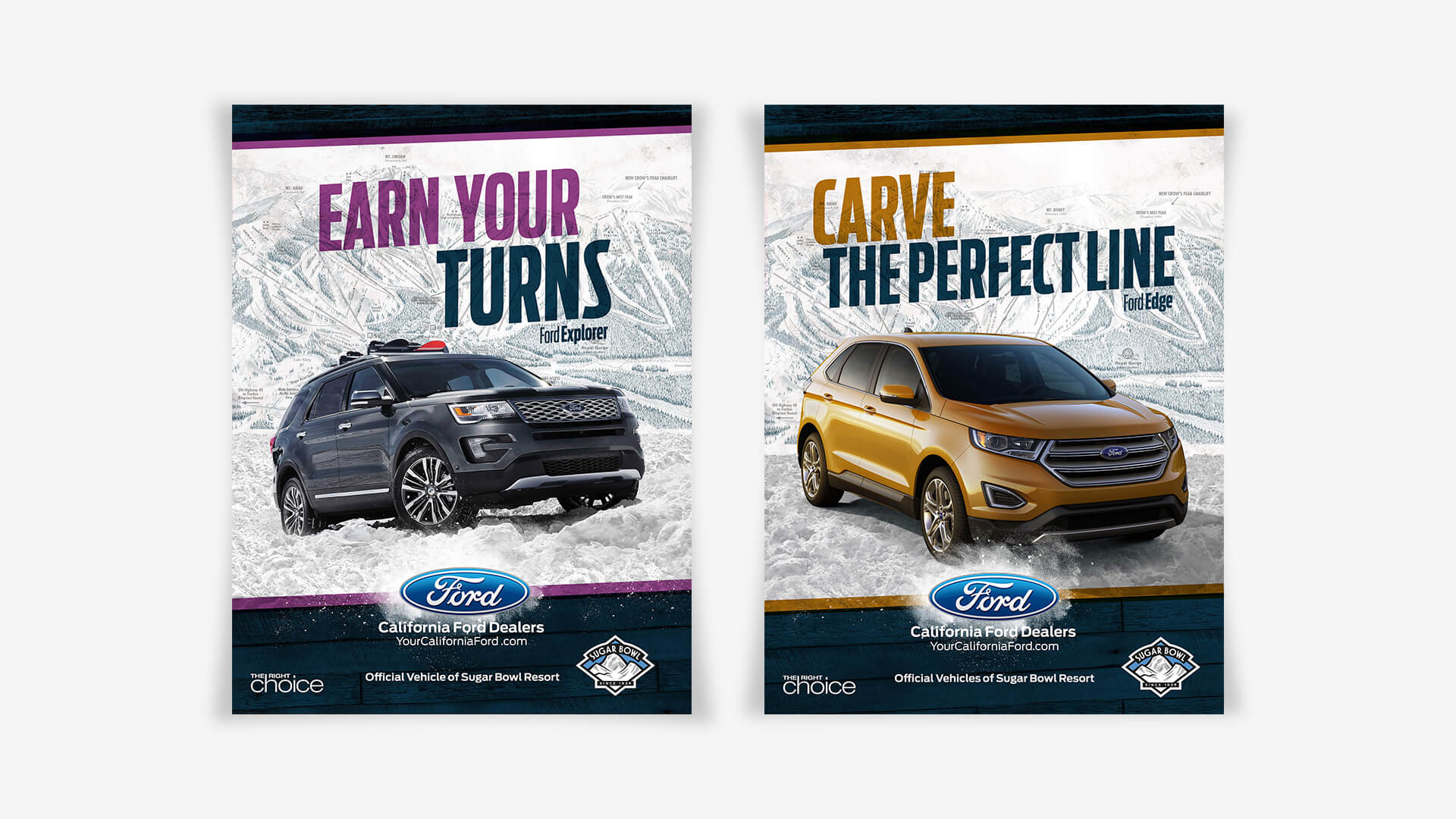 Ford Sugar Bowl posters: Earn Your Turns (Explorer) and Carve the Perfect Line (Edge)