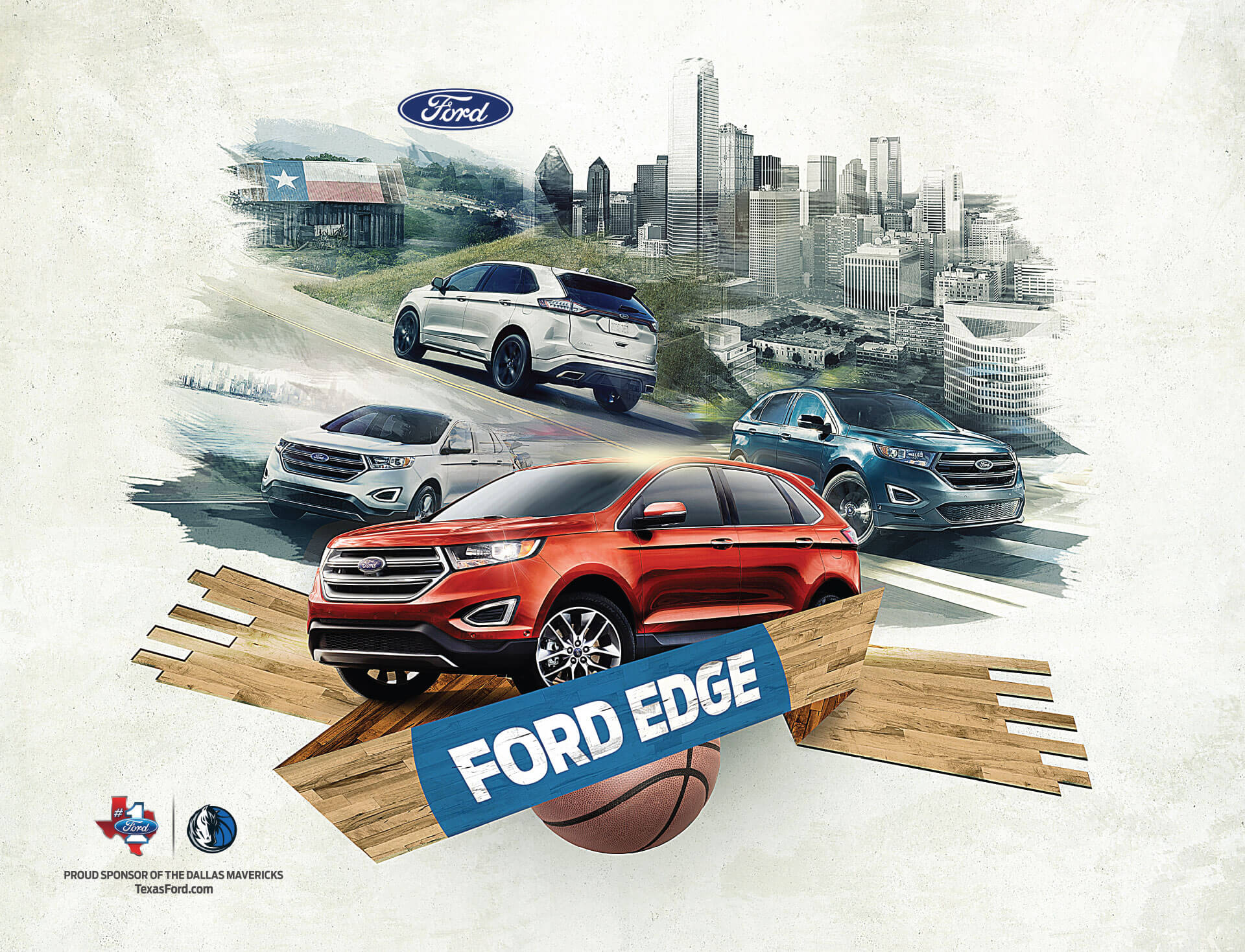 Ford Edge poster with the Dallas skyline for the Dallas Mavericks at the American Airlines Center
