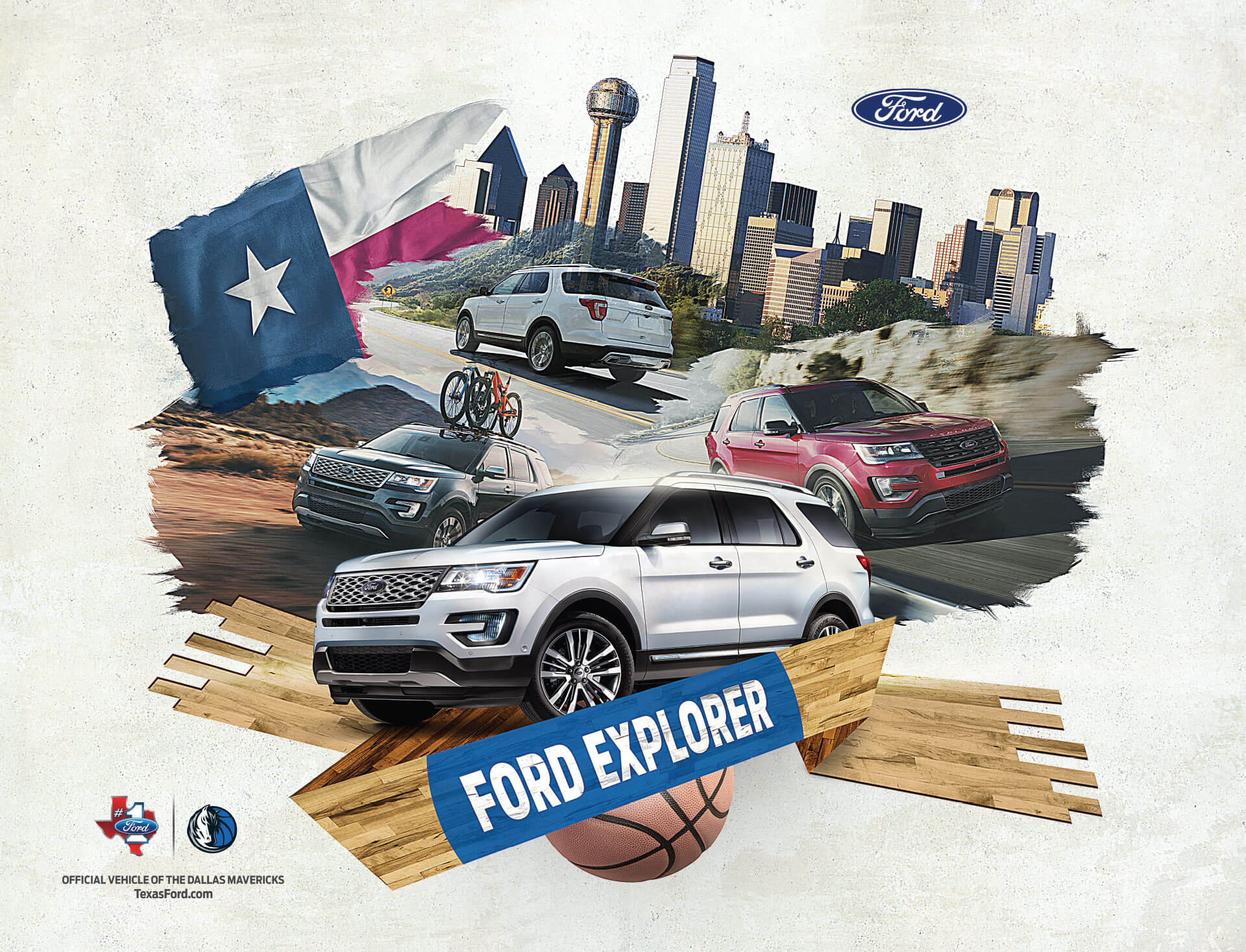 Ford Explorer poster with the Texas flag and Dallas skyline for the Dallas Mavericks