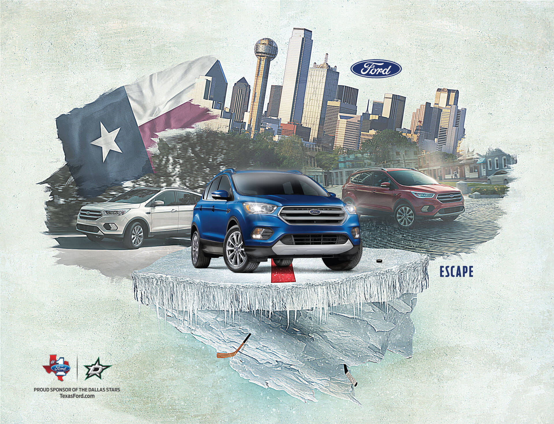 Ford Escape poster with the Texas flag and Dallas skyline for the Dallas Stars