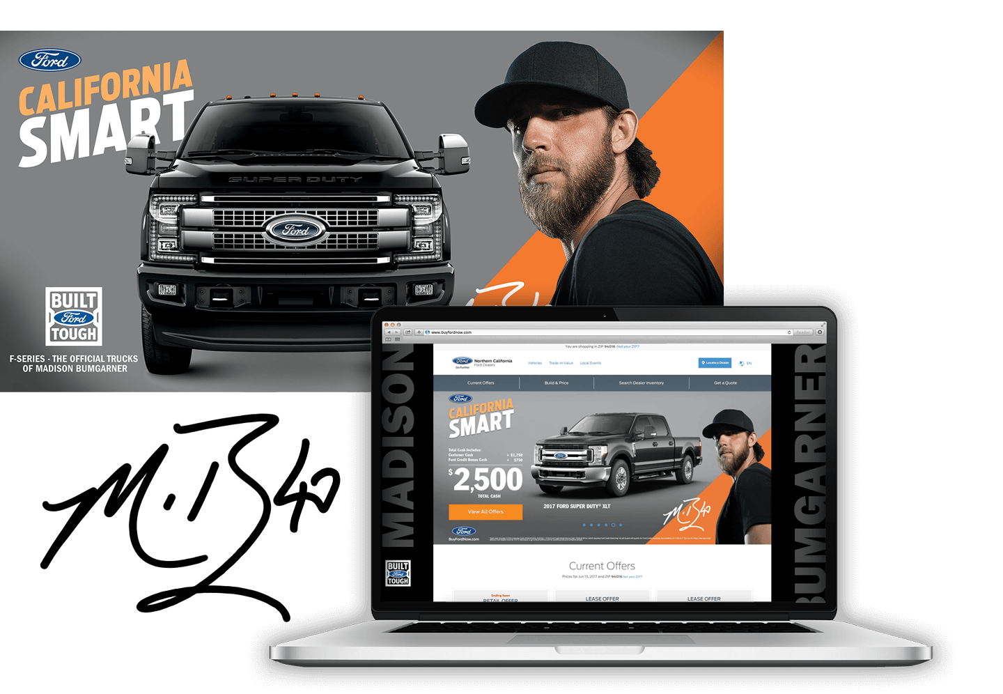 Ford Super Duty California Smart digital ad and website mockup featuring Madison Bumgarner