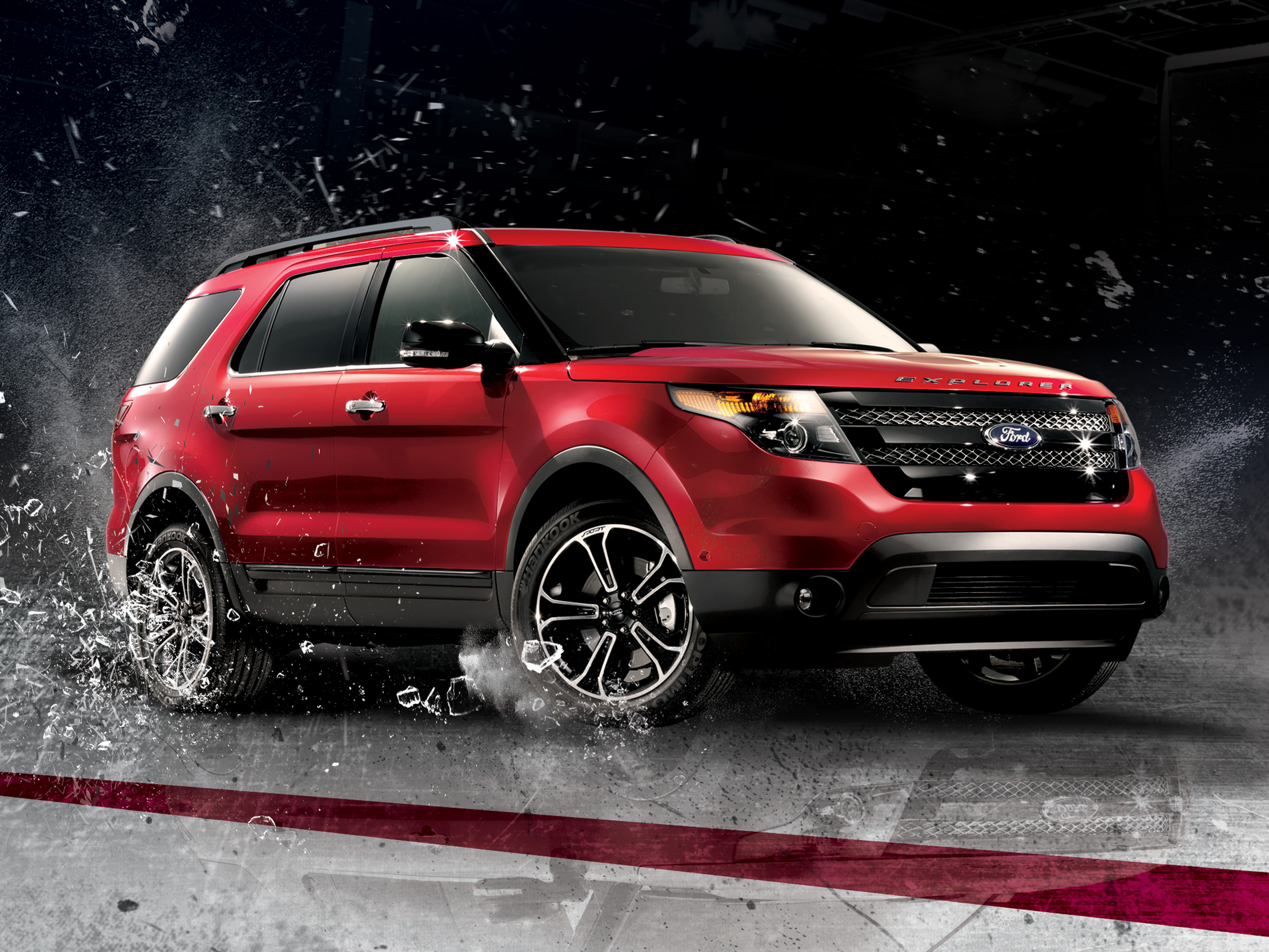 Red Ford Explorer Sport splashing through water, Ford print advertising