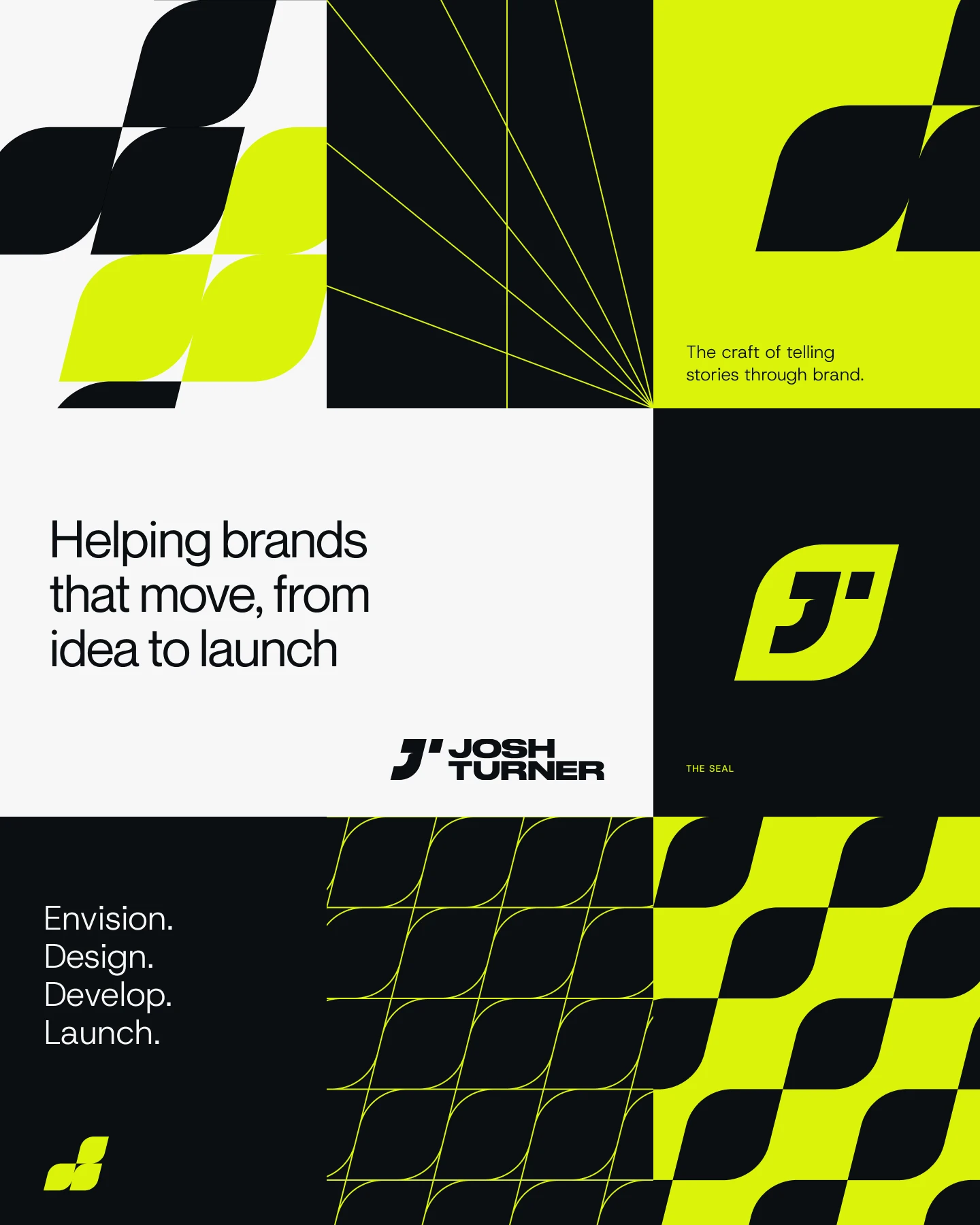 JT Creative modular grid with brand elements: patterns, the seal, wordmark and Envision. Design. Develop. Launch.