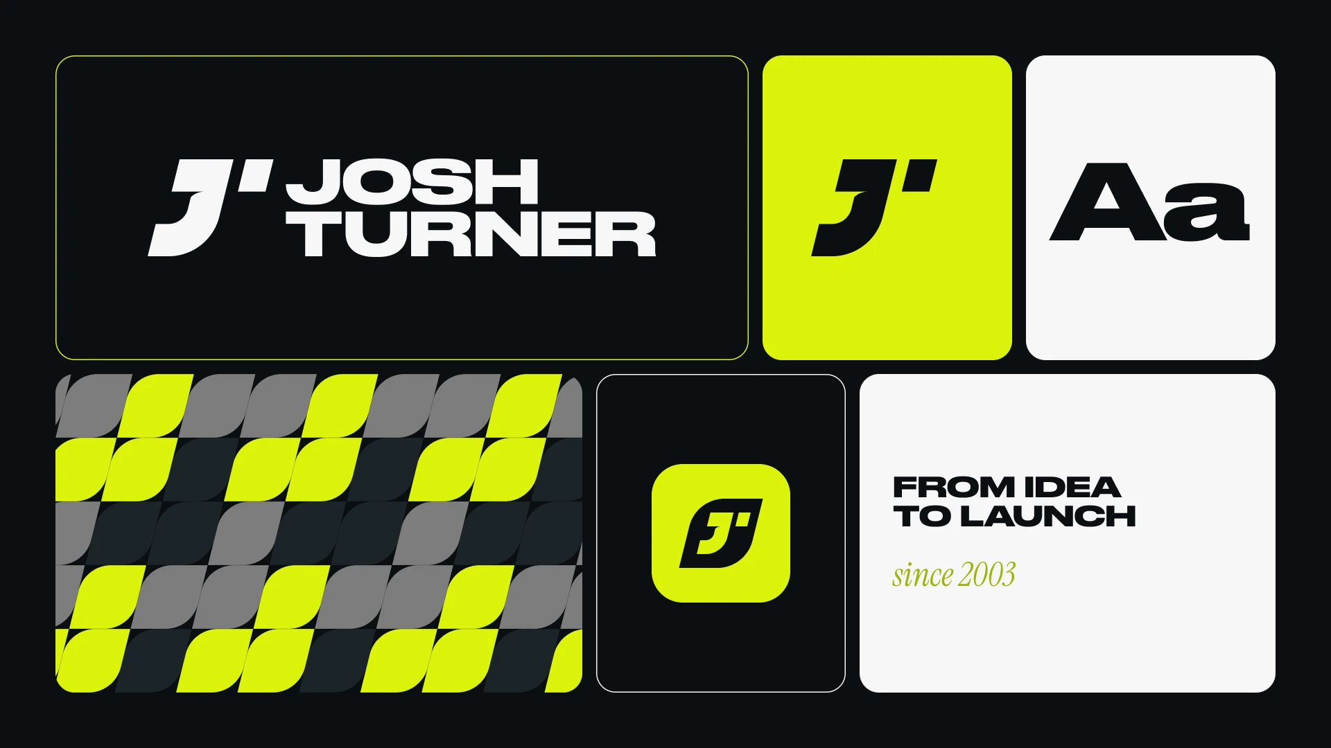 JT Creative identity overview: logo lockup, mark, type, Trio J pattern and app icon