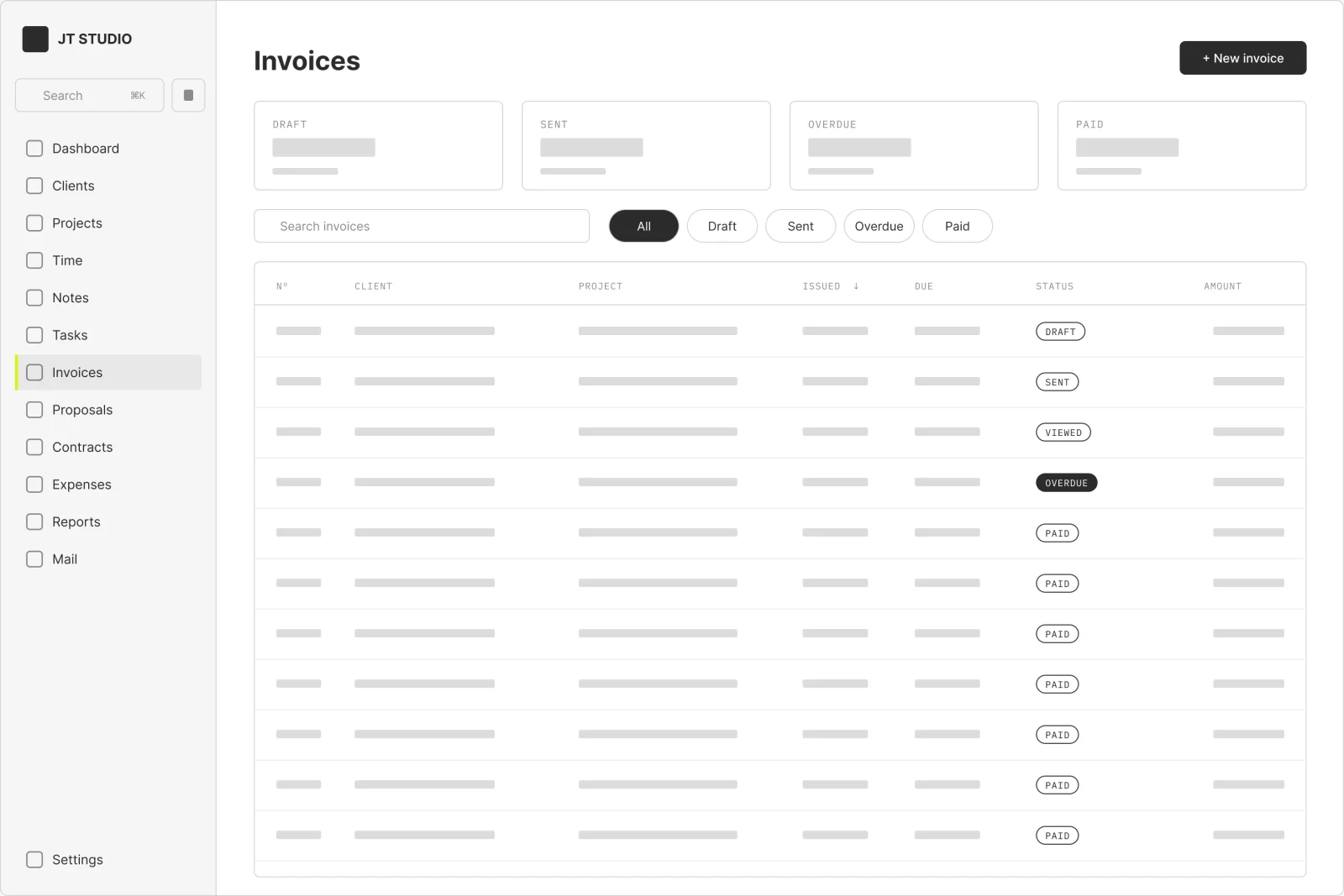 Wireframe of the invoices list with stat cards and status columns