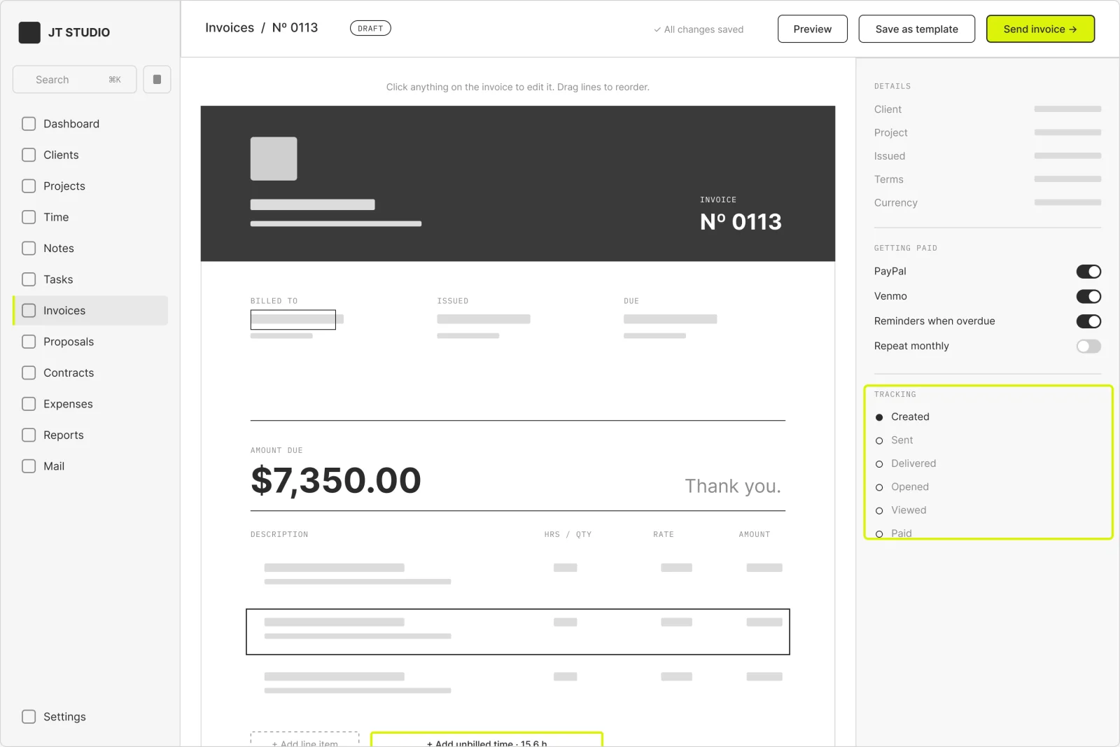 Wireframe of the invoice editor with line items and a right-hand rail