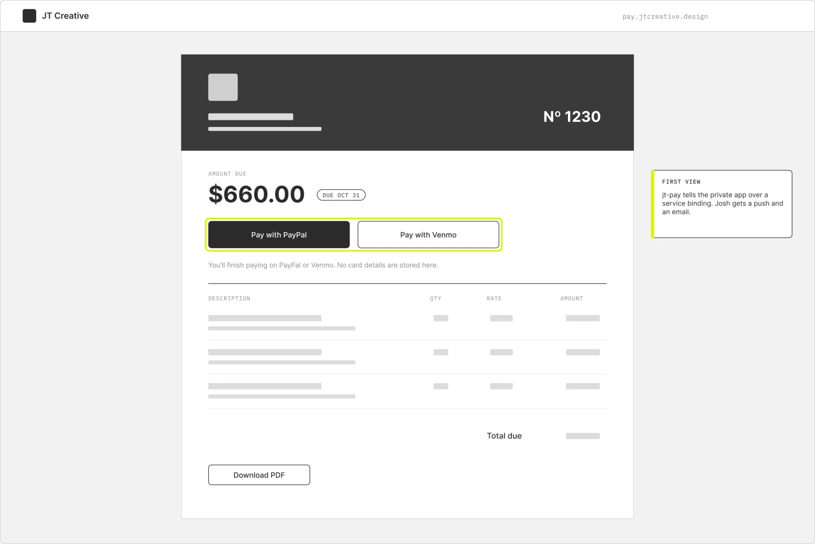 Wireframe of the public invoice page a client sees, with pay buttons