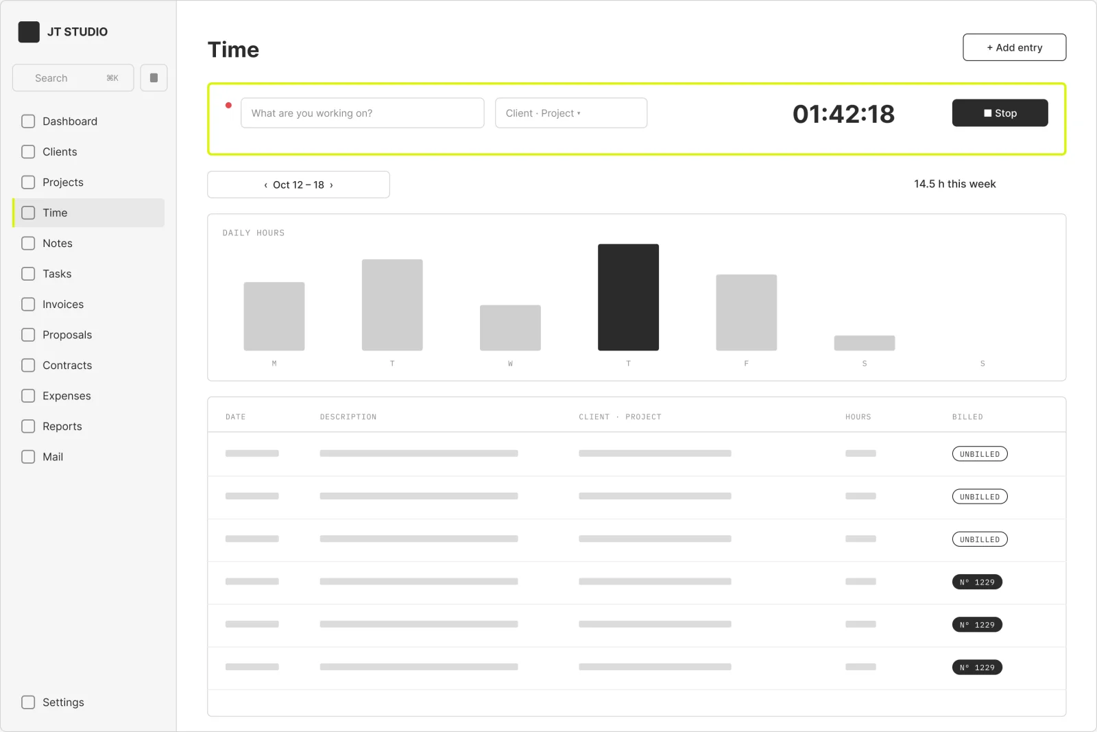 Wireframe of the time tracking week grid with the running timer