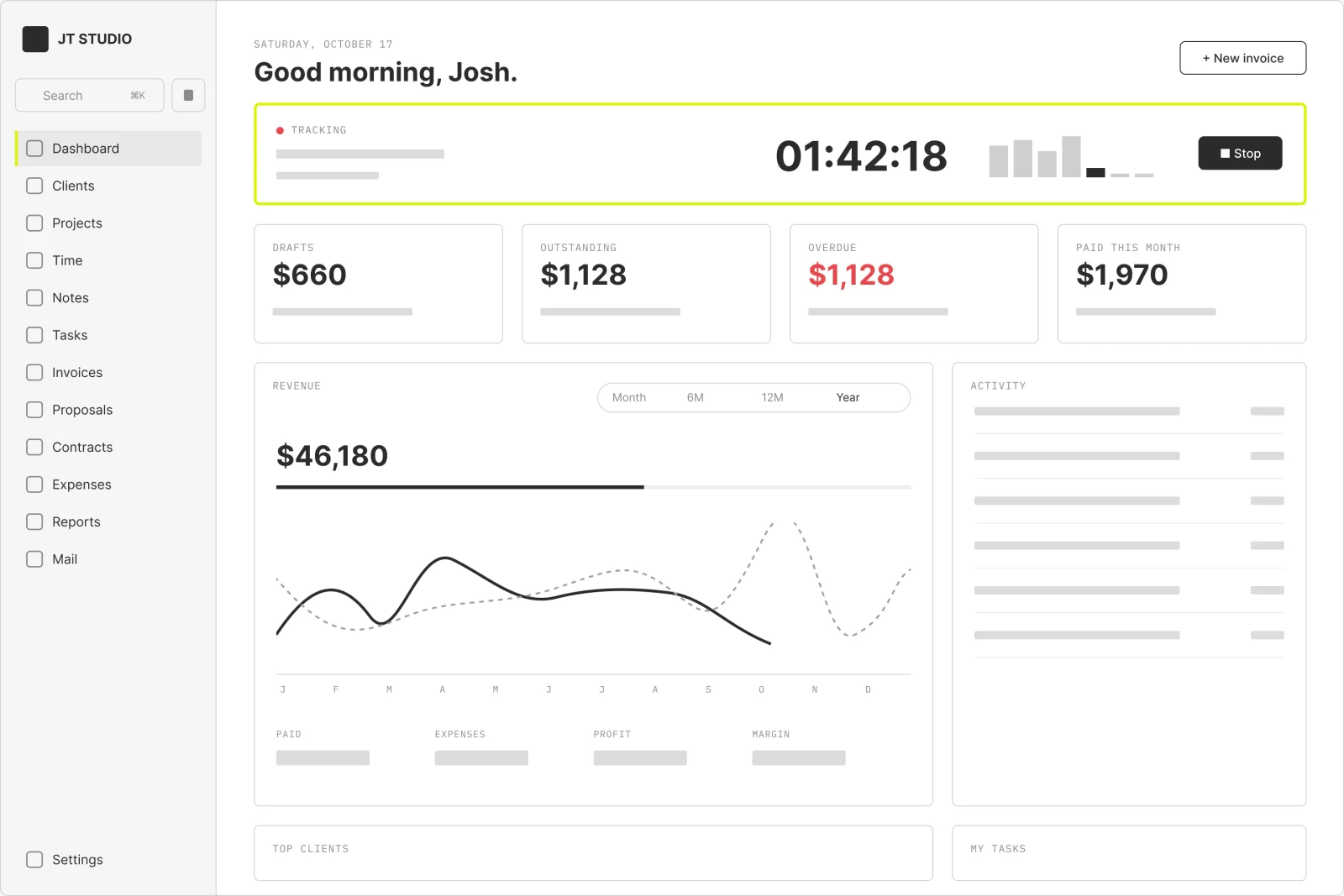 Wireframe of the JT Studio dashboard with the running timer, money totals and revenue chart