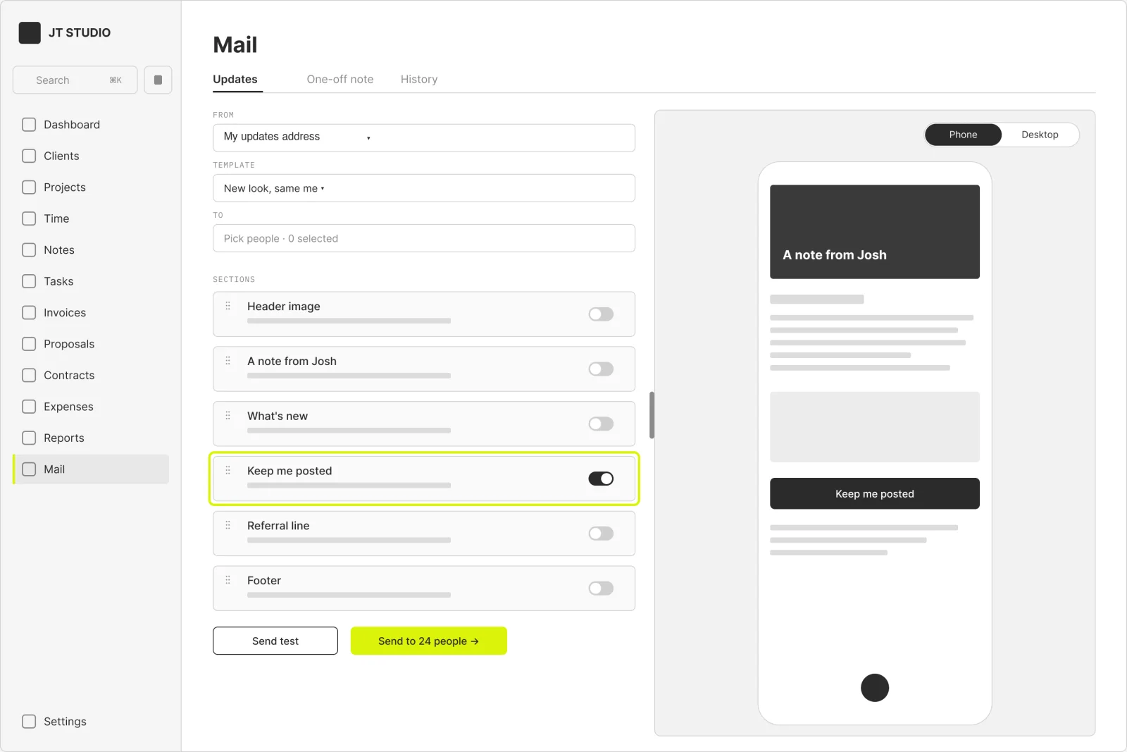 Wireframe of the update email composer with sections and a phone and desktop preview