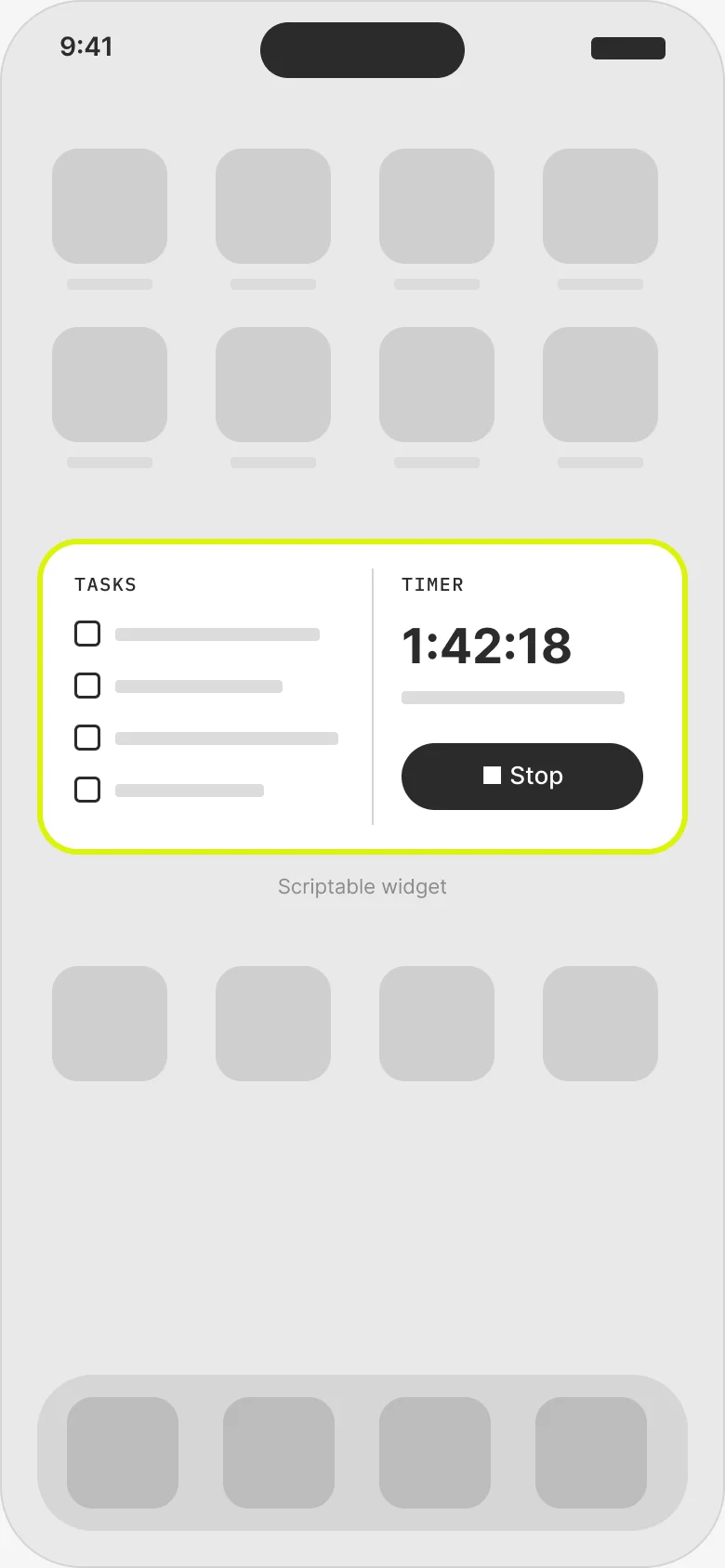 Phone wireframe of the home screen widget with tasks and a timer