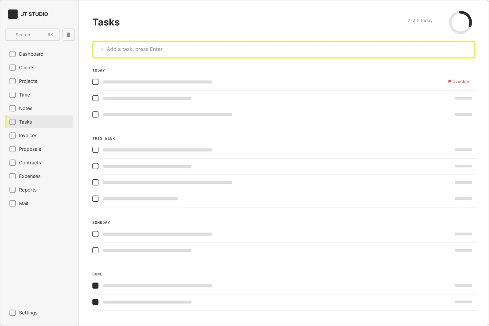 Wireframe of the tasks screen with quick add, task groups and a progress ring