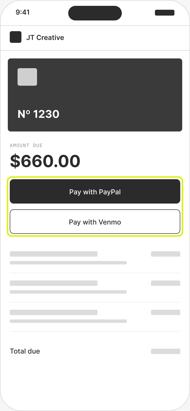 Phone wireframe of the client invoice page with pay buttons near the top