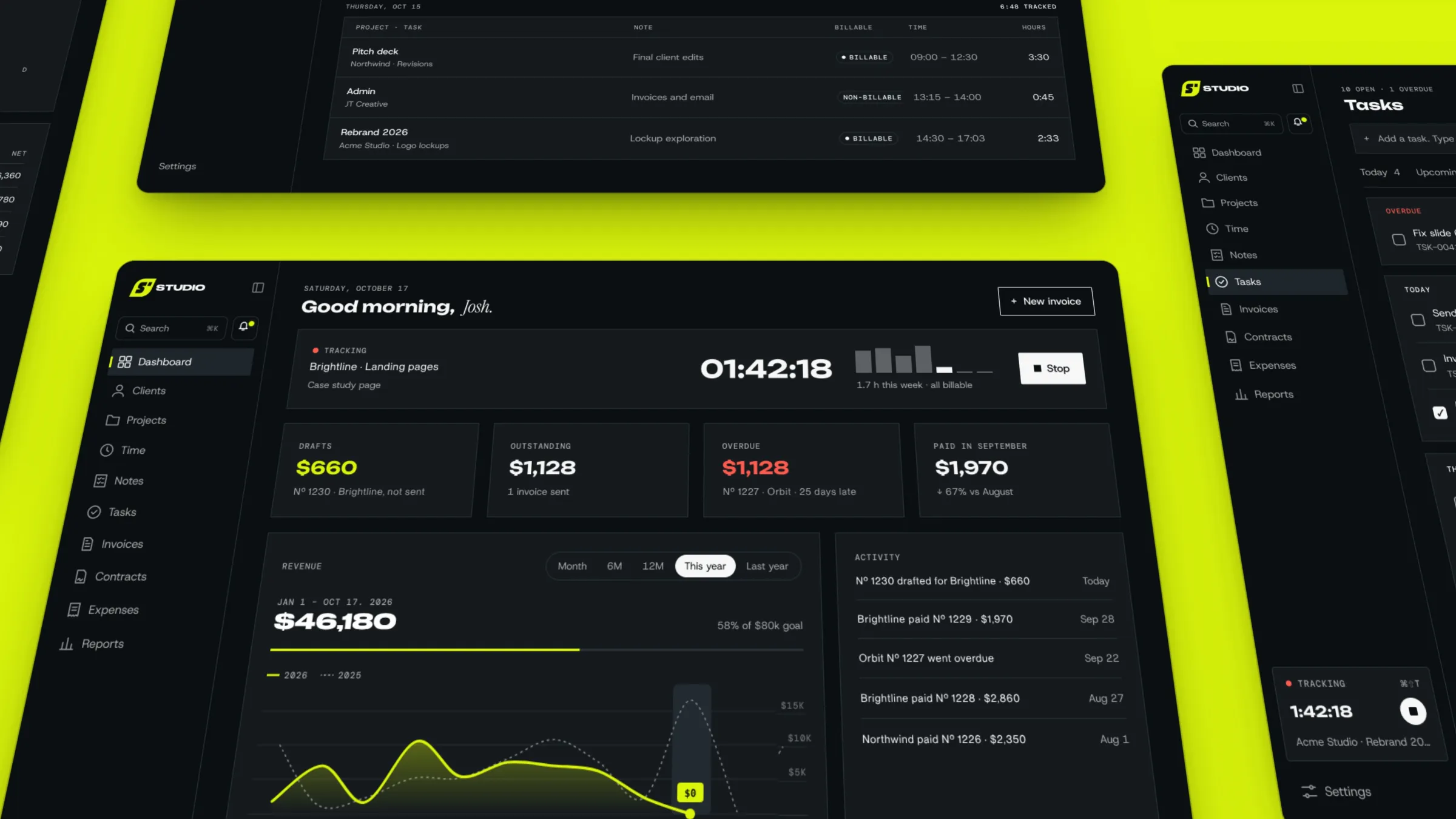 JT Studio dashboard, tasks and time screens on lime