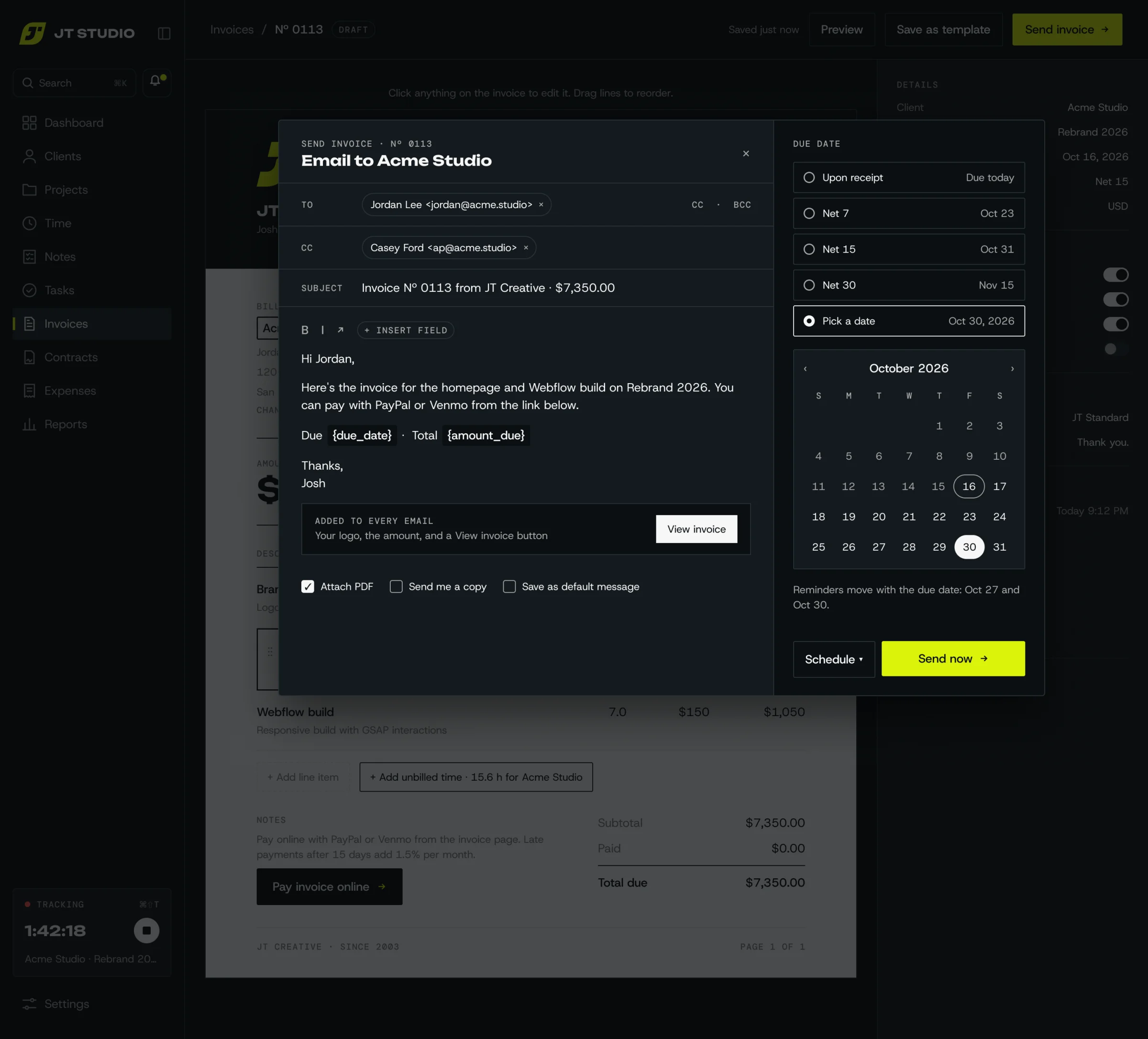 JT Studio send dialog: email to the client, a due date picker and Send now