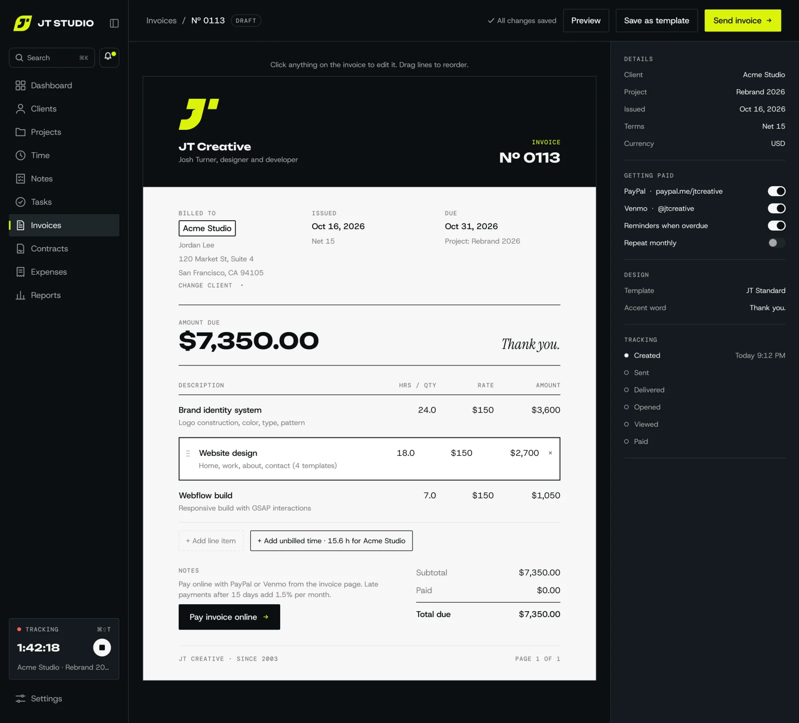 JT Studio invoice editor showing the invoice as the client will see it