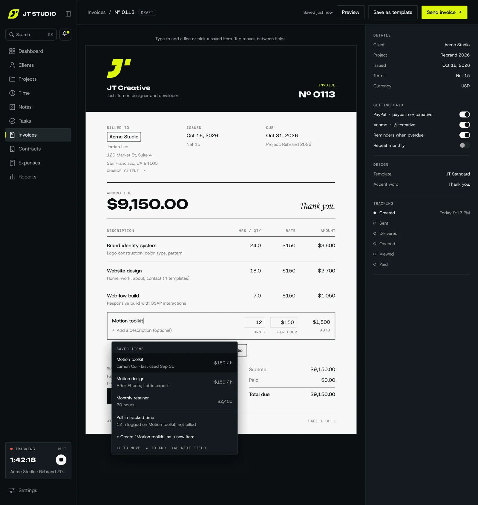 Adding a line to an invoice with a list of saved items