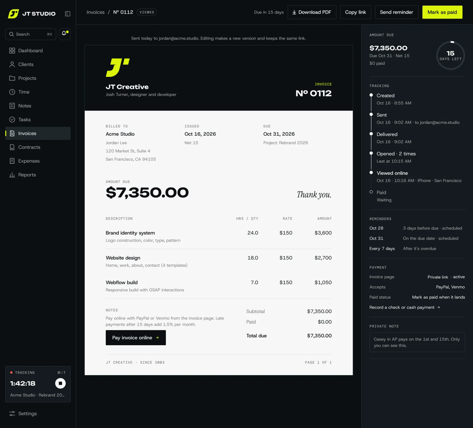 A sent invoice with its tracking timeline, reminders and payment details