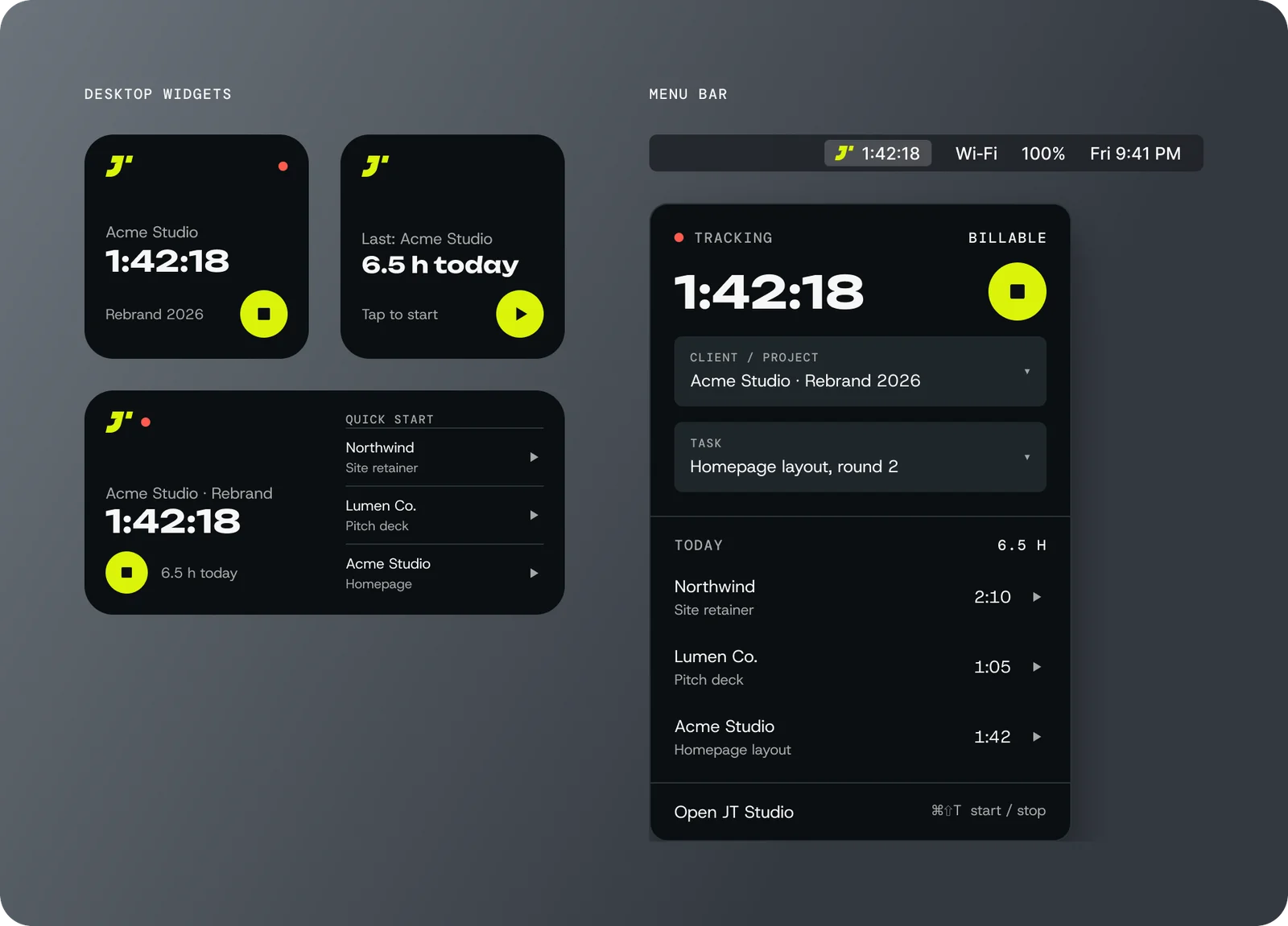 JT Studio Mac desktop widgets and the menu bar timer