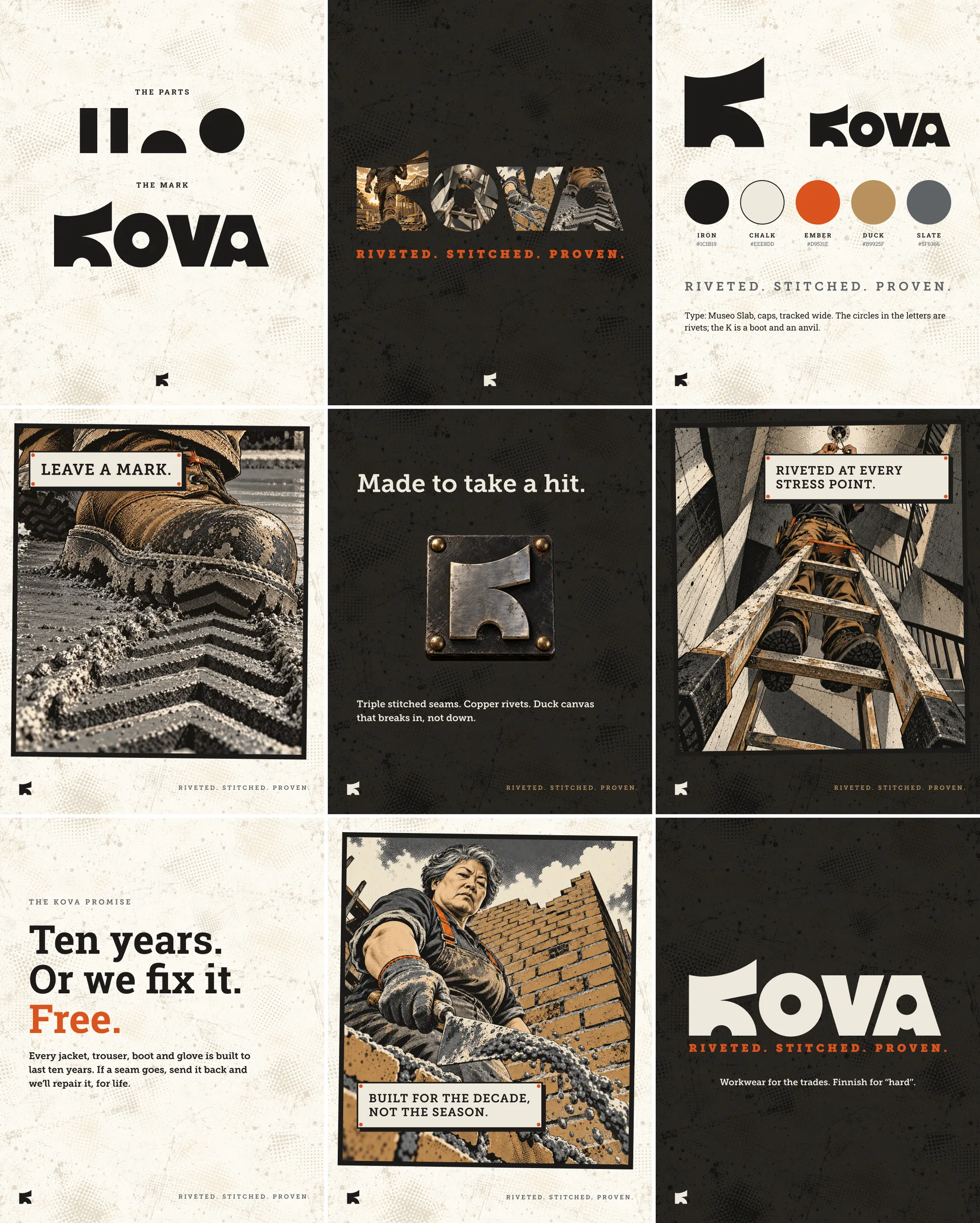 Kova Instagram launch set in a three by three grid: the parts and the mark, the sizzle cover, the identity, comic panels and the ten-year promise