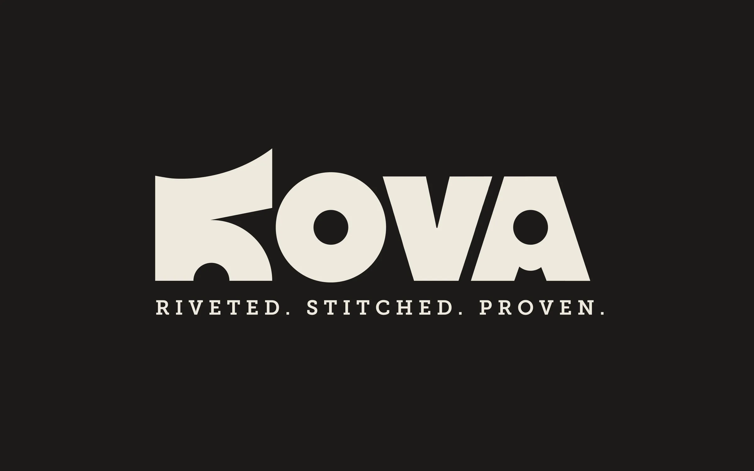 Kova lockup in Chalk on Iron: the wordmark over the tagline Riveted. Stitched. Proven.