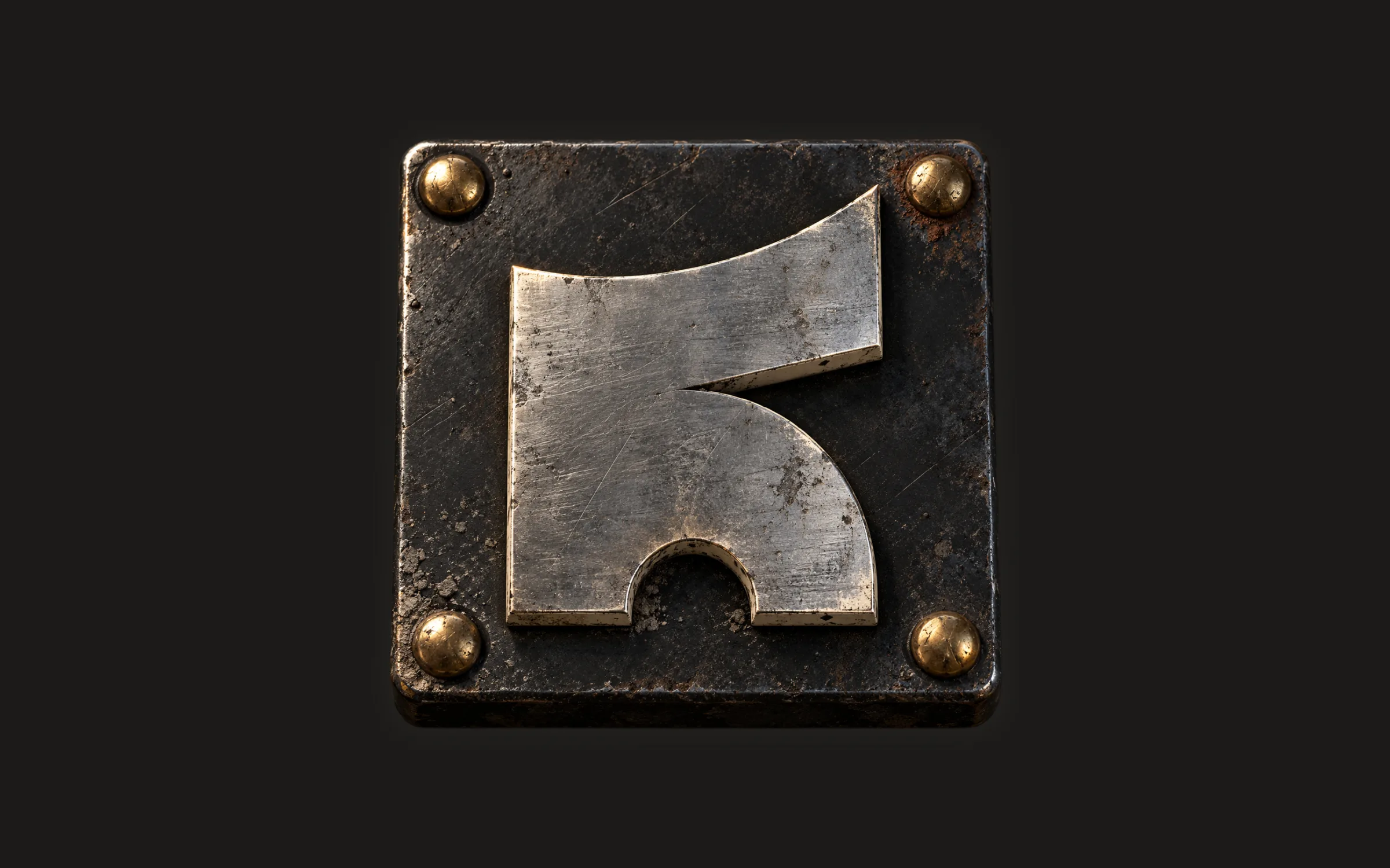 The Kova K stamped in worn steel on a riveted plate with four brass rivets