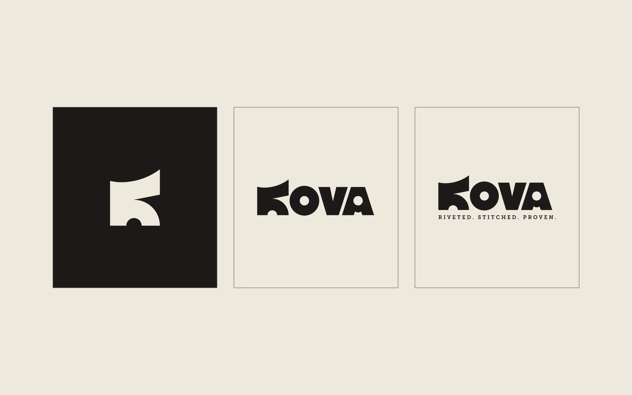 Kova logo suite: the K mark in Chalk on Iron, the wordmark, and the lockup with the tagline
