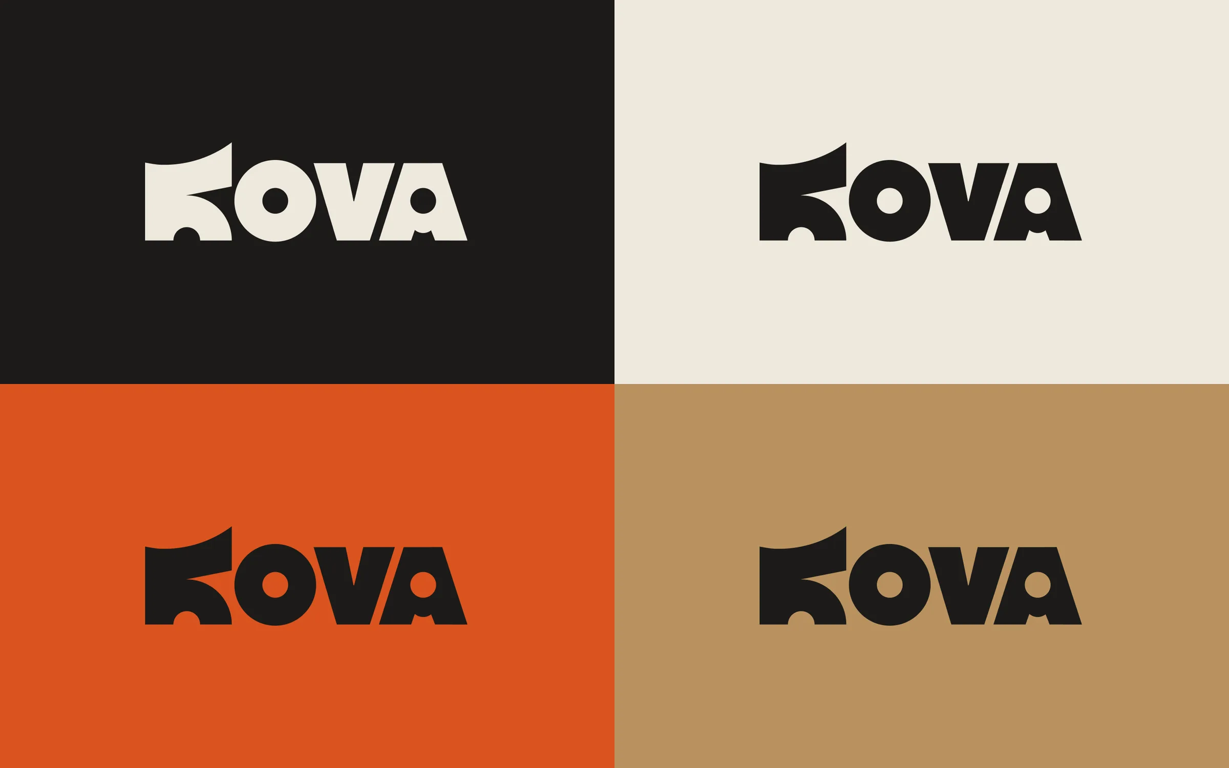Kova wordmark in four colourways: Chalk on Iron, Iron on Chalk, Iron on Ember and Iron on Duck