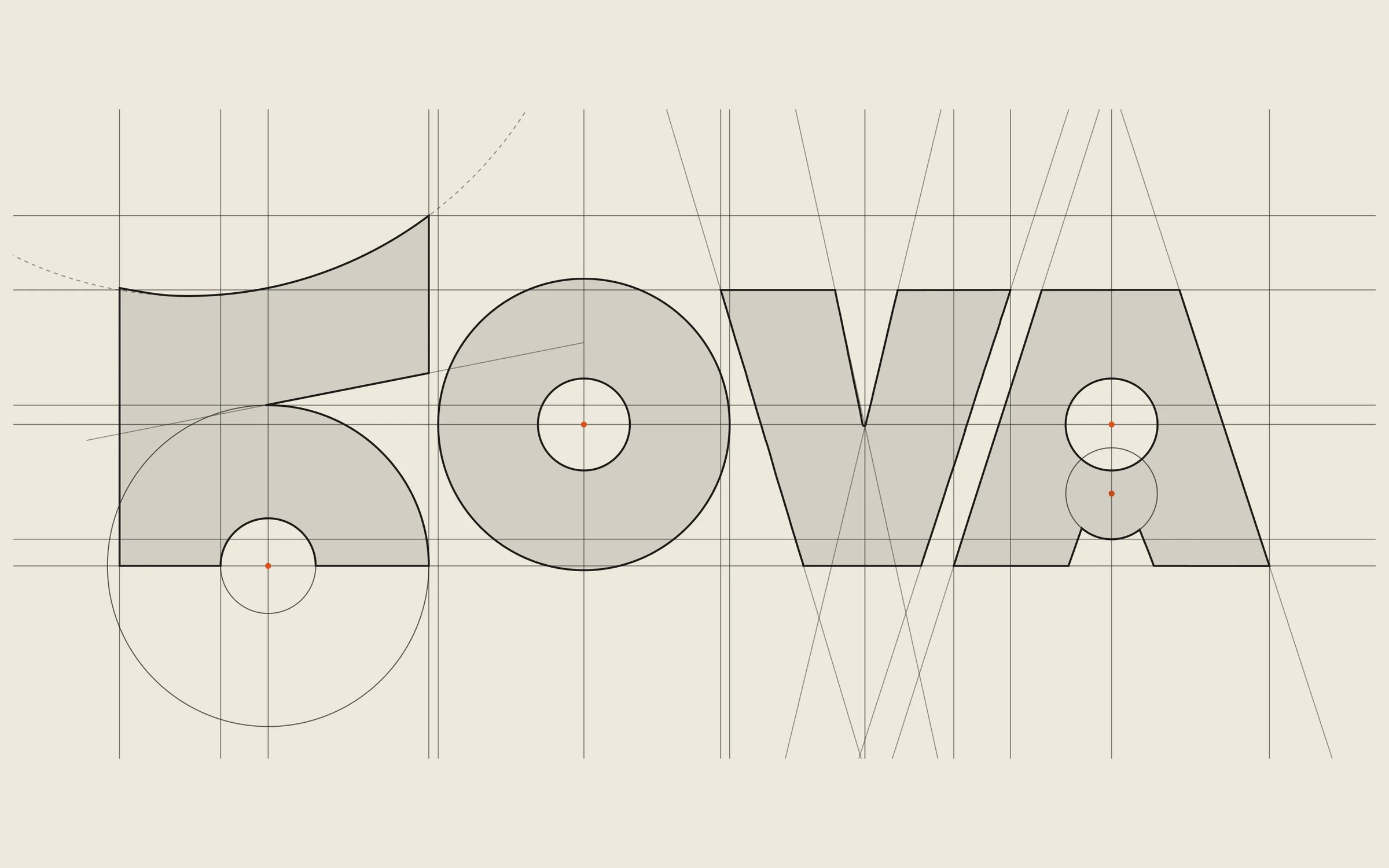 Kova wordmark construction: bars, a half moon and circles on a guide grid, with the rivet centres marked in Ember