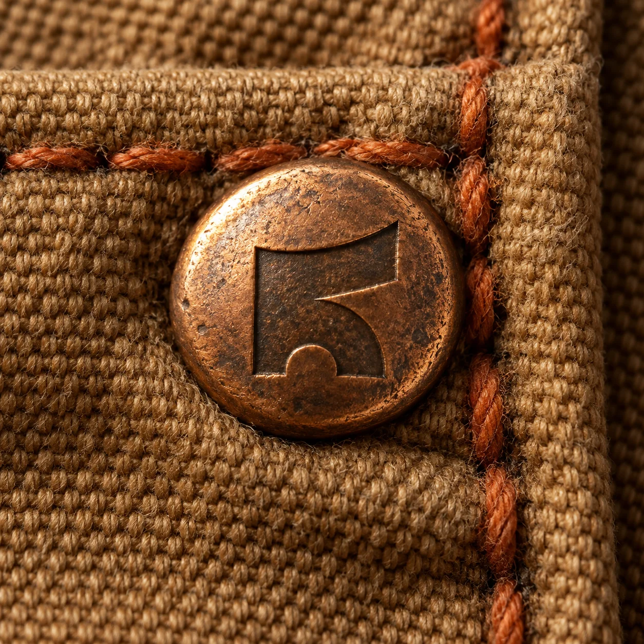 Copper rivet button stamped with the Kova K mark, on duck canvas with Ember stitching
